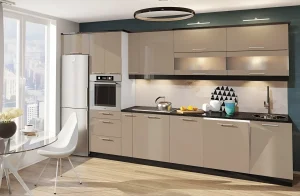 Кухня "Крашеный высокий глянец" 3.6м в цвете Дуб беленый и Дуб трюфель, современный дизайн, фото интерьера кухни.