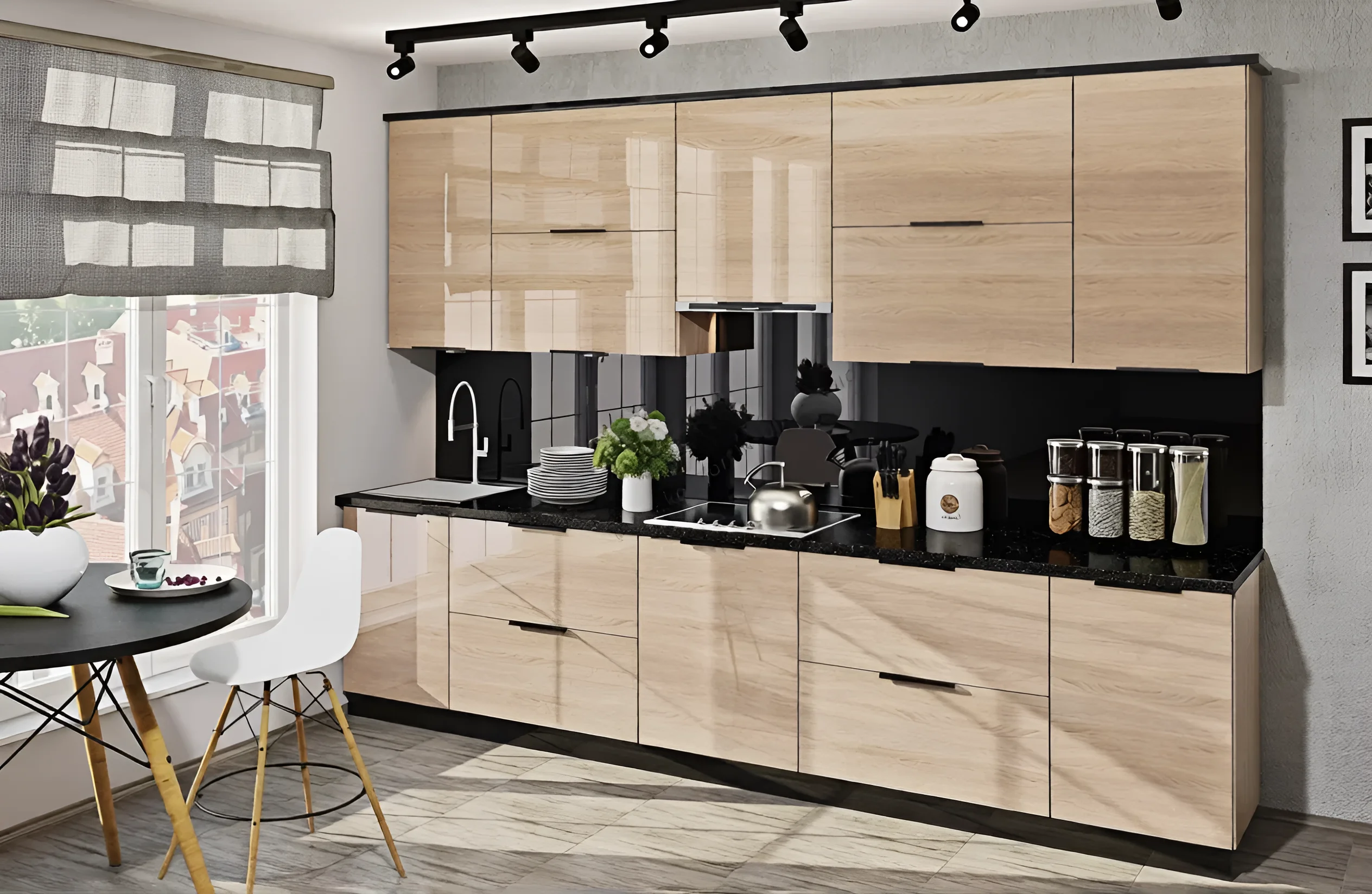 Кухня "Крашеный высокий глянец" 3.6м в цвете Дуб беленый и Дуб трюфель, современный дизайн, фото интерьера кухни.