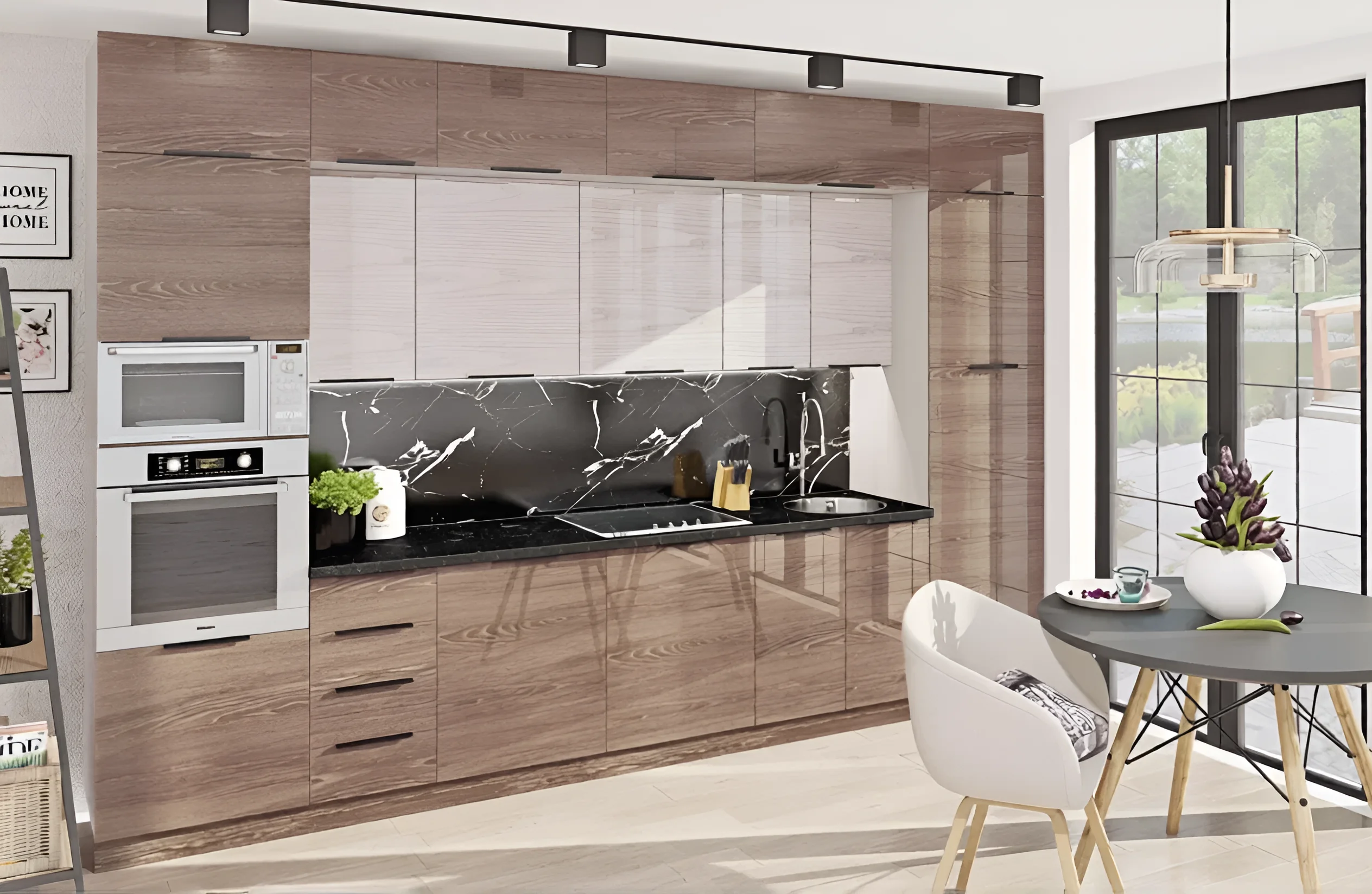 Современная кухня "Крашеный высокий глянец" 3.6м в цвете дуб беленый и дуб трюфель, стильный дизайн, фото интерьера кухни.