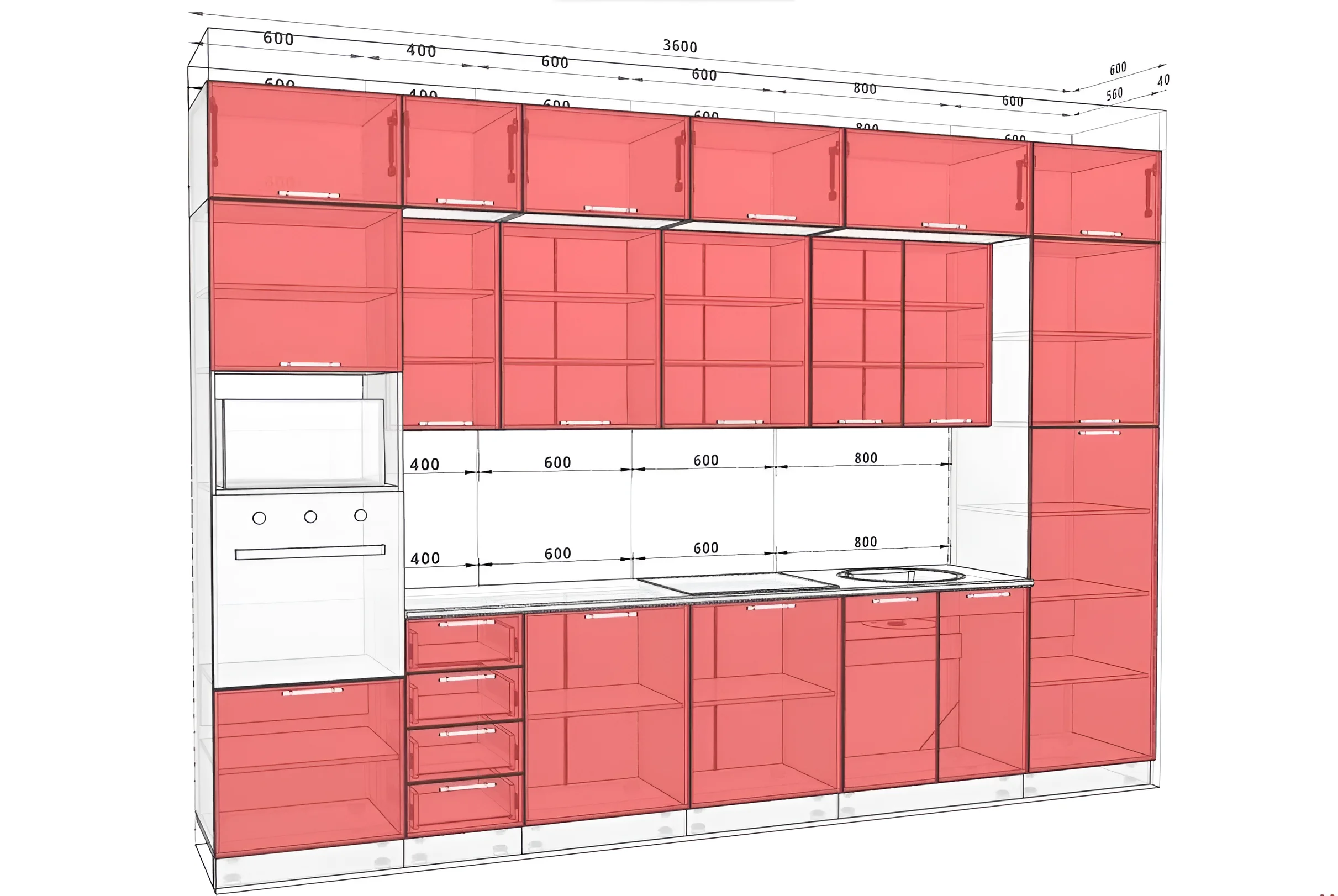 Кухня "Крашеный высокий глянец" 3.6м в цвете Дуб беленый и Дуб трюфель, современный дизайн, модульная конструкция, размеры и схема.