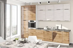 Кухня "Крашеный высокий глянец" 3.4м в цвете дуб беленый и дуб золотой, современный дизайн, угловая кухня с бытовой техникой.