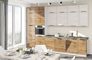 Кухня "Крашеный высокий глянец" 3.4м в цвете дуб беленый и дуб золотой, современный дизайн, угловая кухня с бытовой техникой.