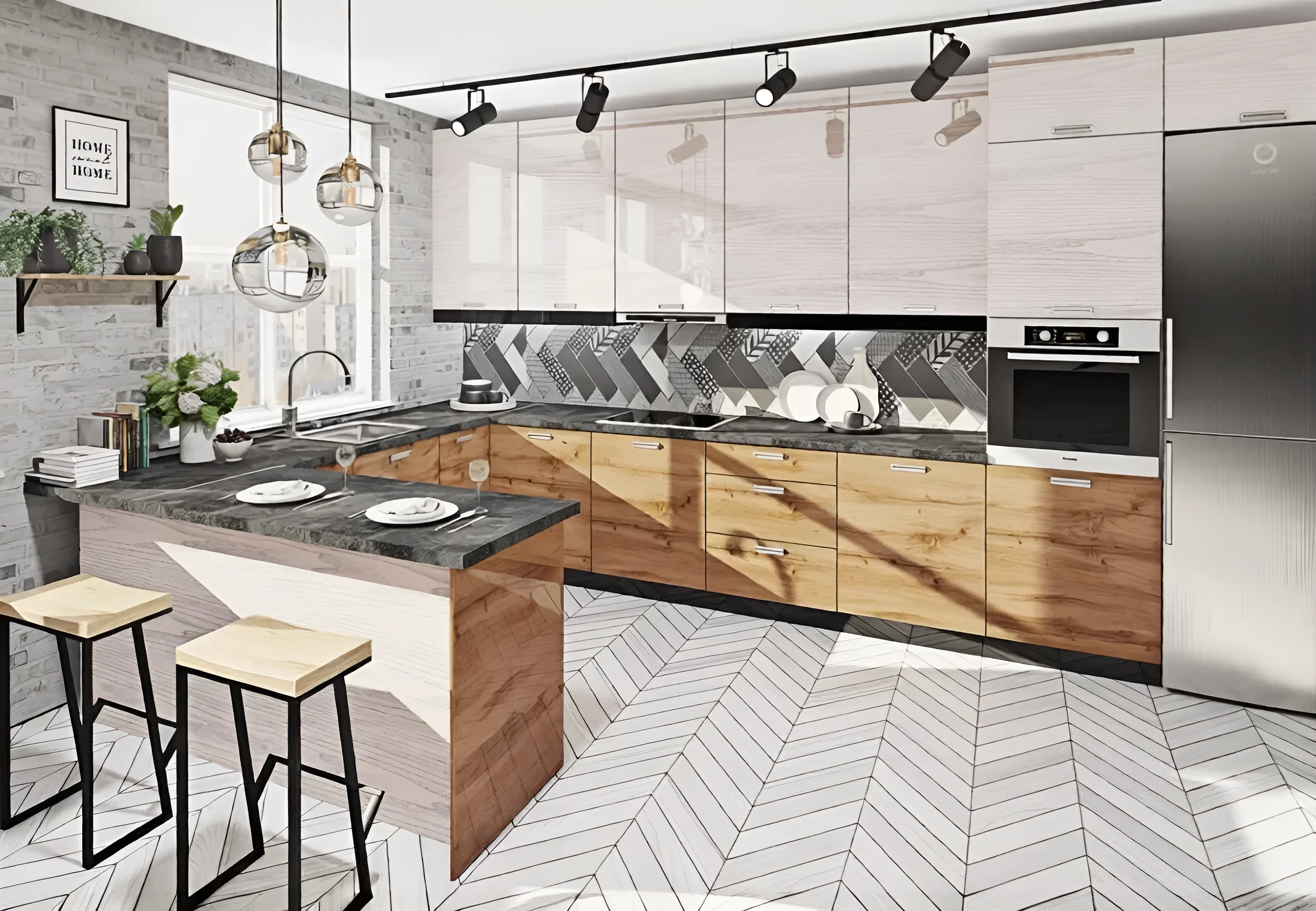 Современная угловая кухня "Крашеный высокий глянец" 3.4м в цвете дуб беленый и дуб золотой, стильный дизайн интерьера.