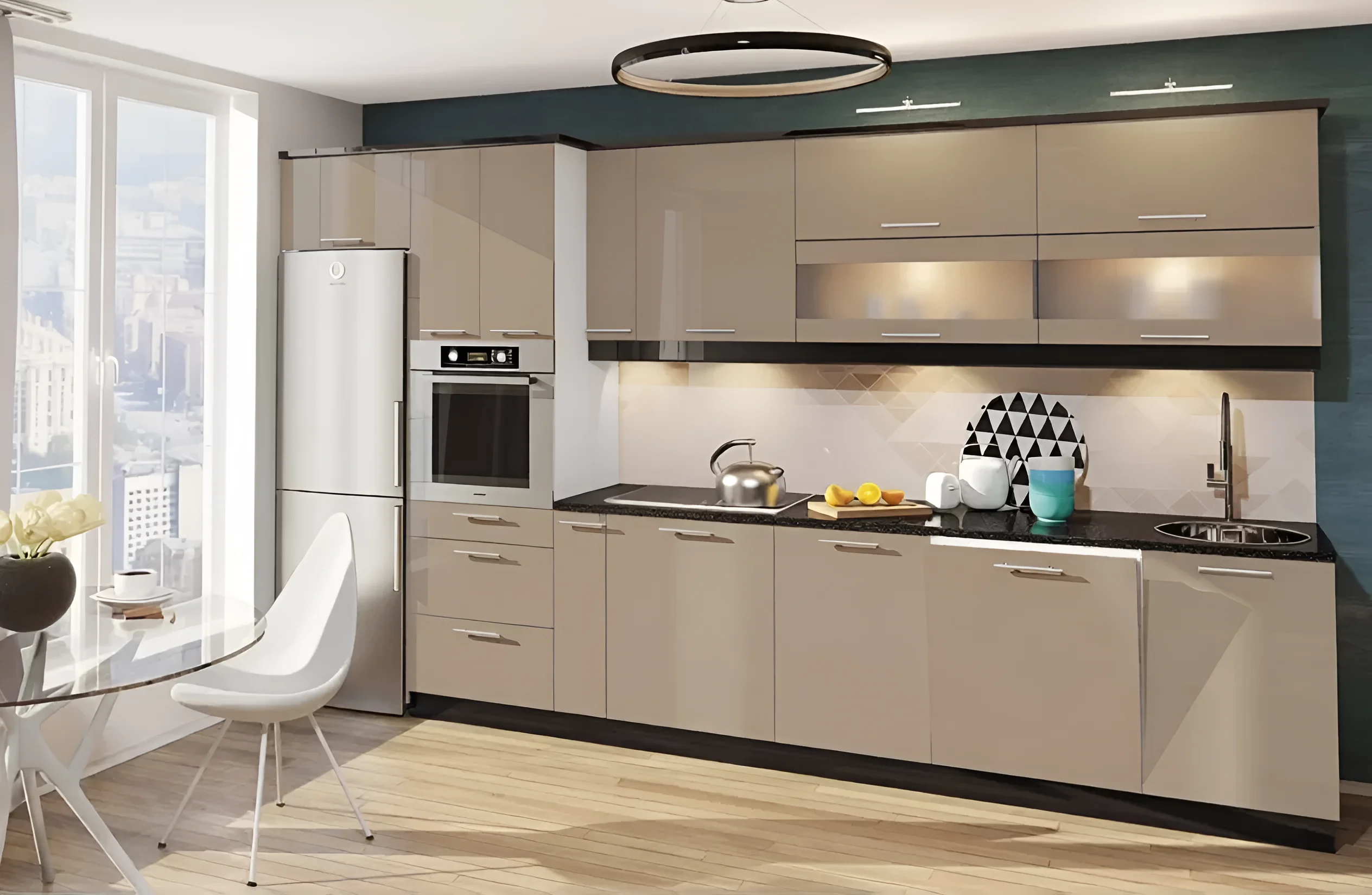 Кухня "Крашеный высокий глянец" 3.4м в цвете дуб беленый и дуб золотой, современный дизайн, угловая кухня с бытовой техникой.