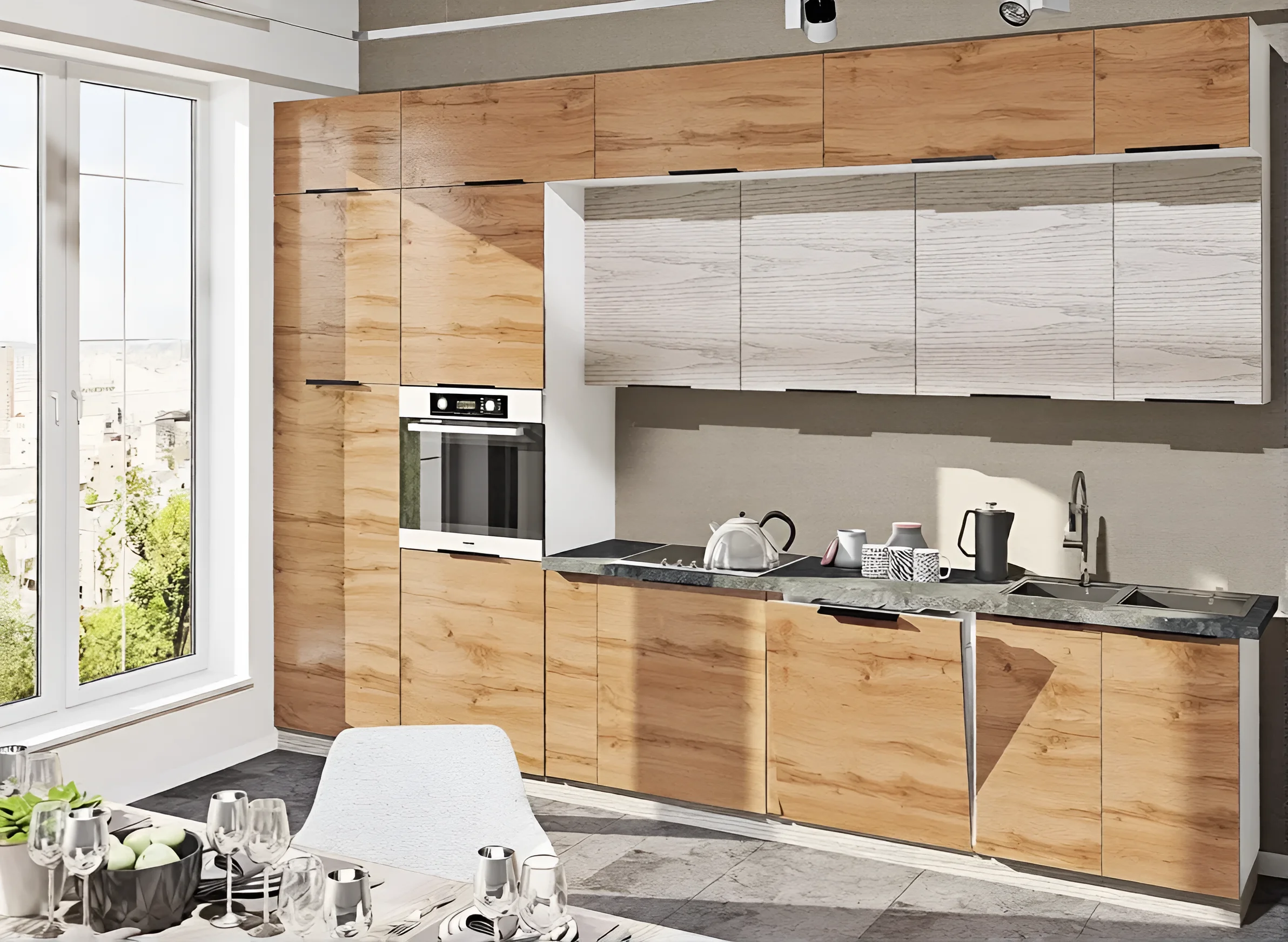 Современная кухня "Крашеный высокий глянец" 3.4м в цвете дуб беленый и дуб золотой, фото интерьера кухни в современном стиле.