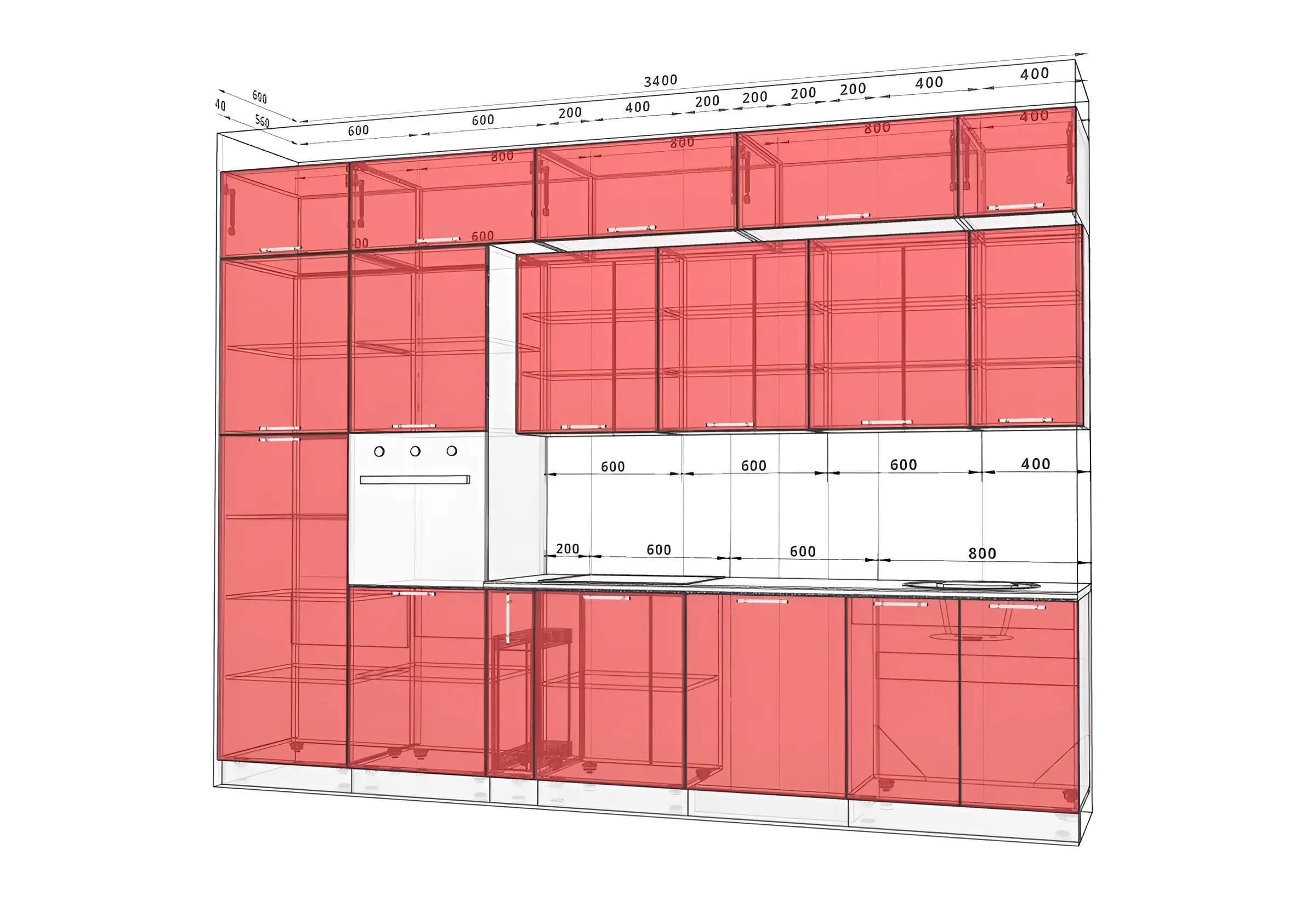 Кухня "Крашеный высокий глянец" 3.4м в цвете дуб беленый и дуб золотой, современный дизайн, чертеж с размерами, MebelTops.