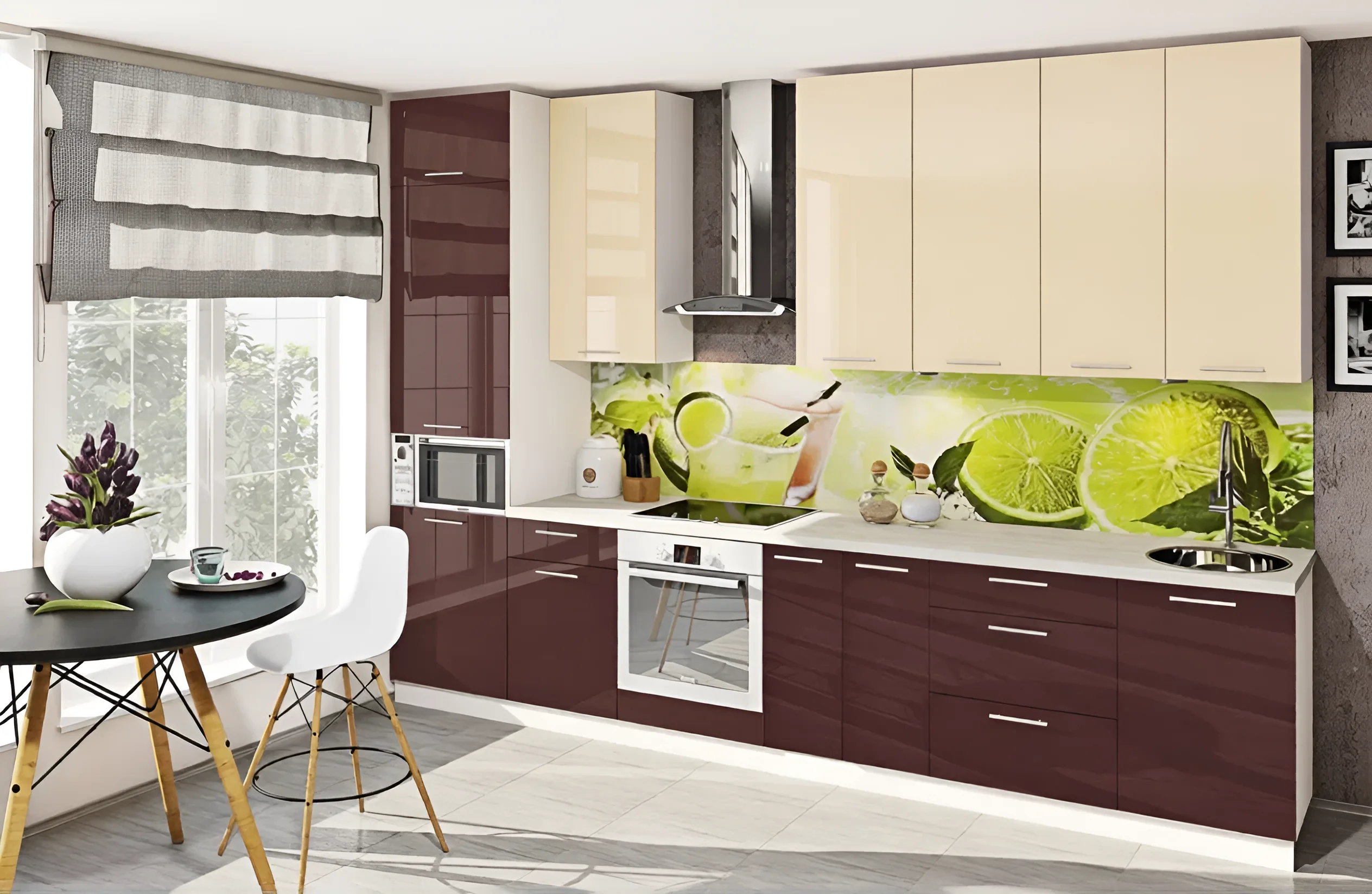 Кухня "Крашеный высокий глянец" 2,4 метра в цветах Ваниль и Шоколад, современный дизайн, фото интерьера кухни с лаймовым фартуком.