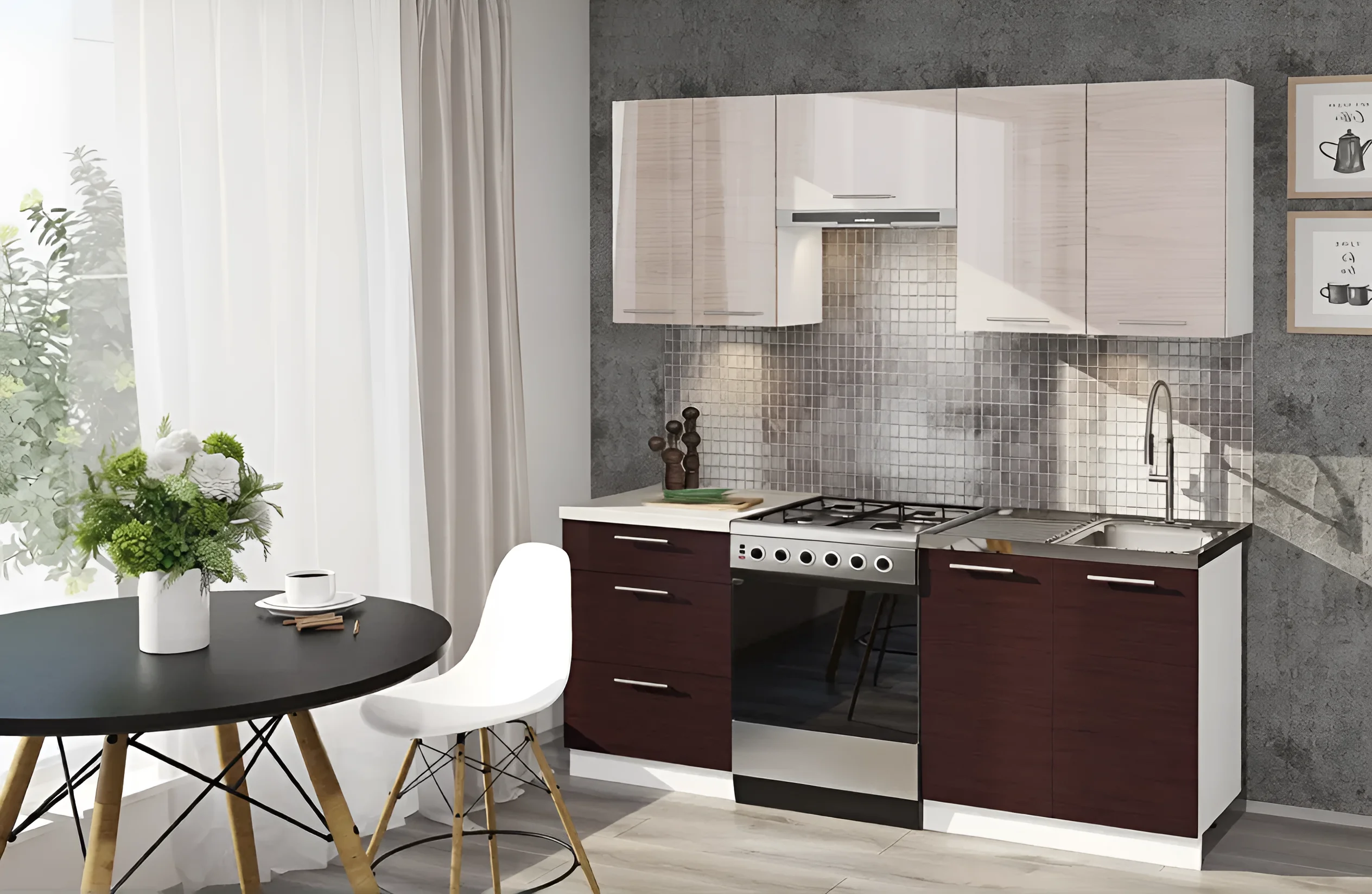 Кухня угловая 2,4 метра в цвете ваниль и шоколад с глянцевым фасадом, современный дизайн для небольших кухонь.