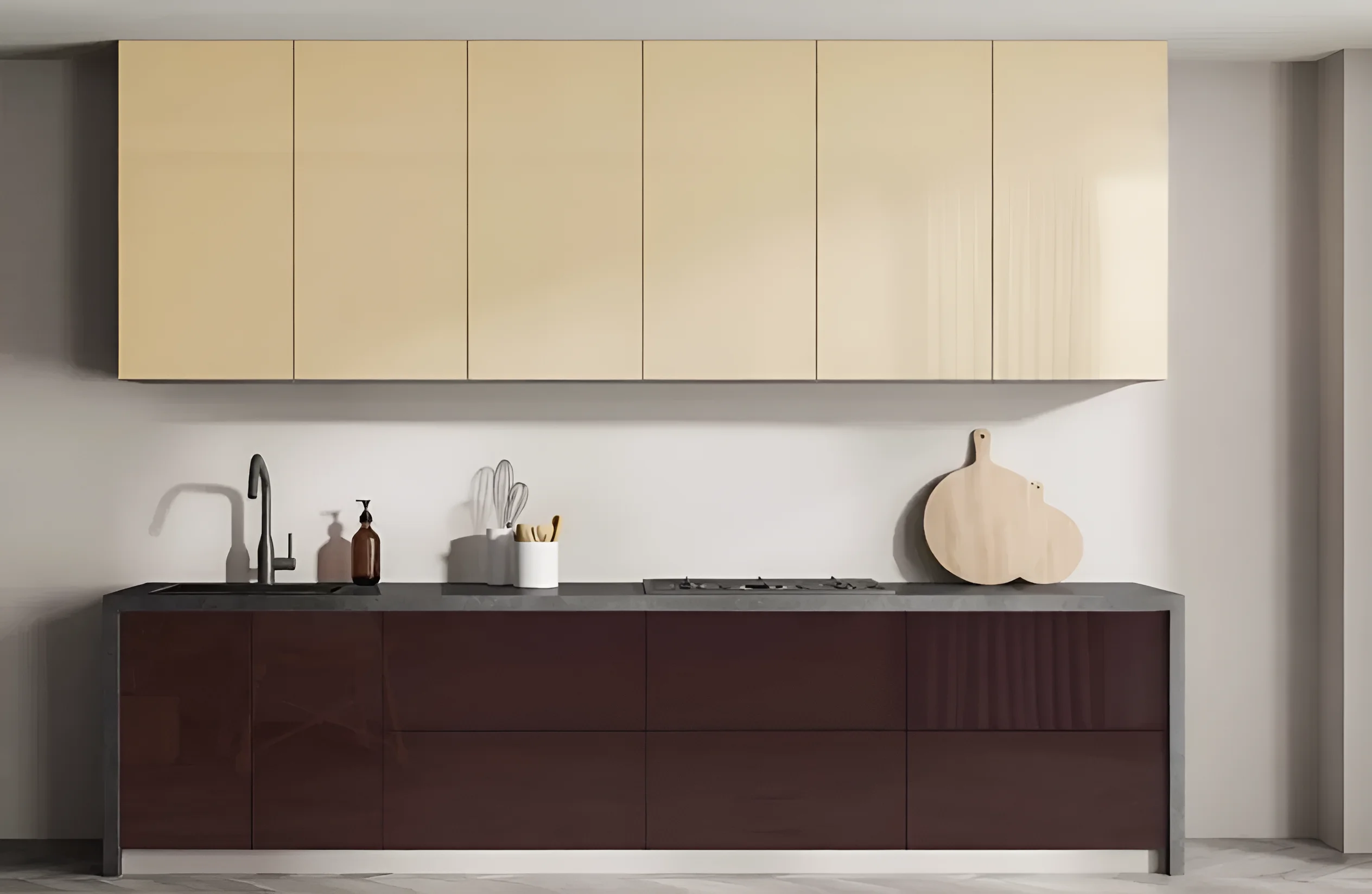 Кухня крашеный глянец 2,4 метра цвета Ваниль и Шоколад, современный дизайн, навесные шкафы, кухонный гарнитур, MebelTops.