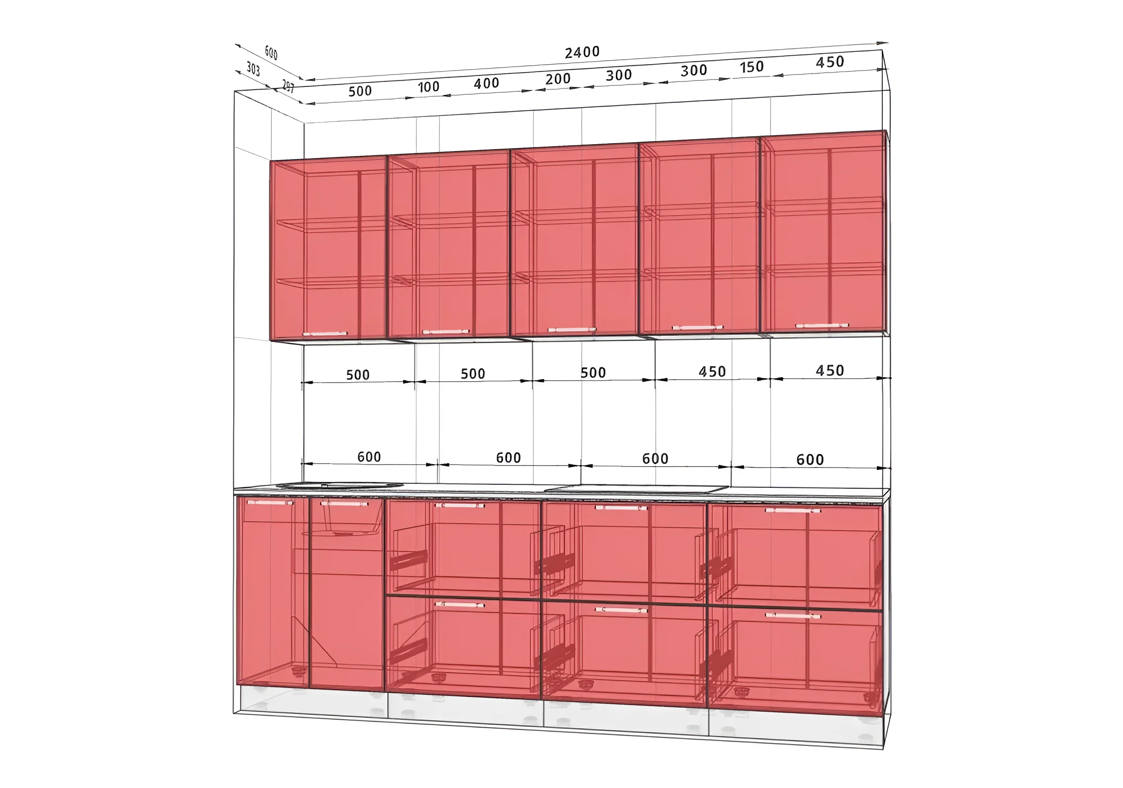 Кухонный гарнитур 2,4 метра в цвете ваниль и шоколад с фасадами высокого глянца, схема расположения модулей.