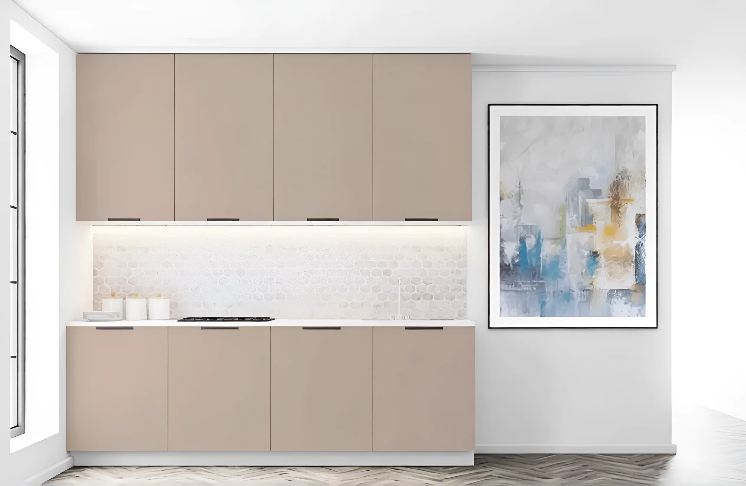 Кухня Лофт 5600мм в цвете кофе с молоком с островом, крашеный МДФ, современный дизайн, интерьер кухни, MebelTops.