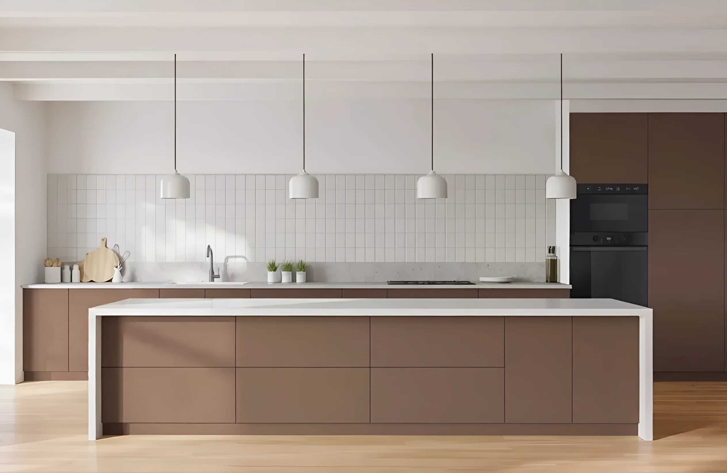 Современная кухня в стиле лофт с островом, фасады из крашеного МДФ цвета кофе с молоком, белая плитка, минималистичный дизайн.