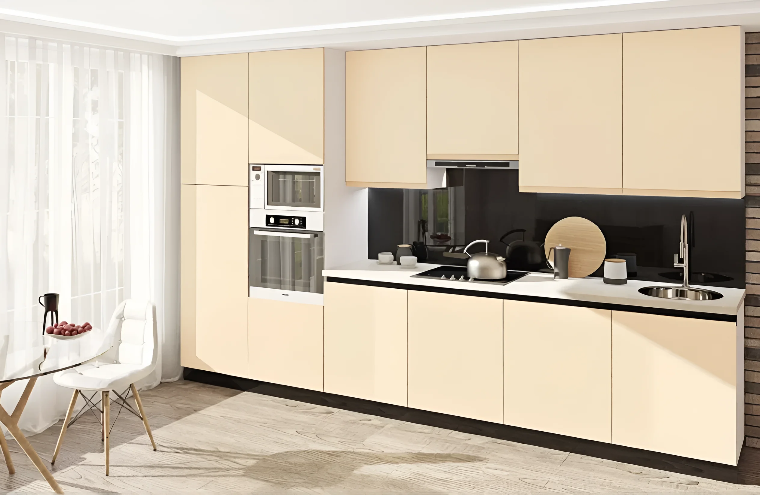 Кухня Лофт 5600мм с островом в цвете кофе с молоком, крашеный МДФ, современный дизайн, фото интерьера кухни.