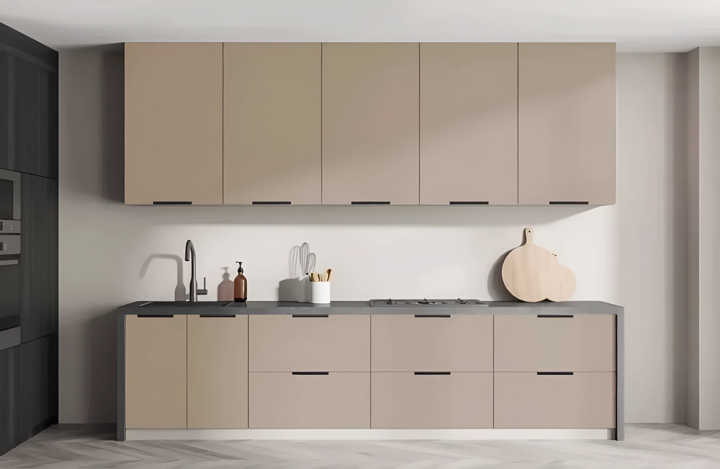 Кухня Лофт 5600мм с островом в цвете кофе с молоком, крашеный МДФ, современный дизайн, функциональная кухня для дома.