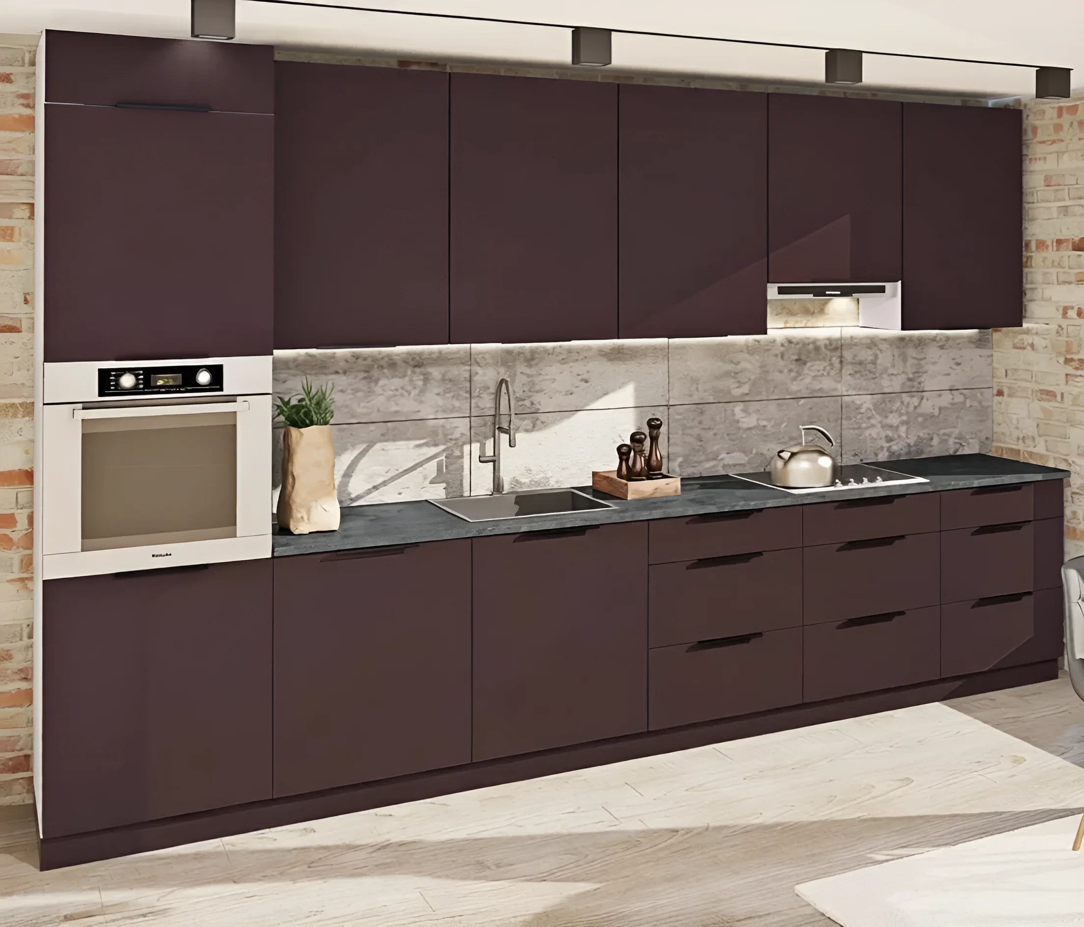 Кухня Лофт 5600мм в цвете кофе с молоком с островом, фасады МДФ, современный дизайн, стильный интерьер кухни.