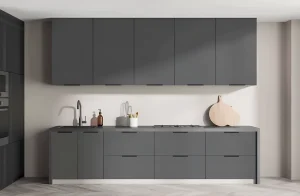 Угловая кухня "Лофт" 3х2.2м в белом и графитовом цвете из крашеного МДФ, современный дизайн, стильный интерьер кухни.