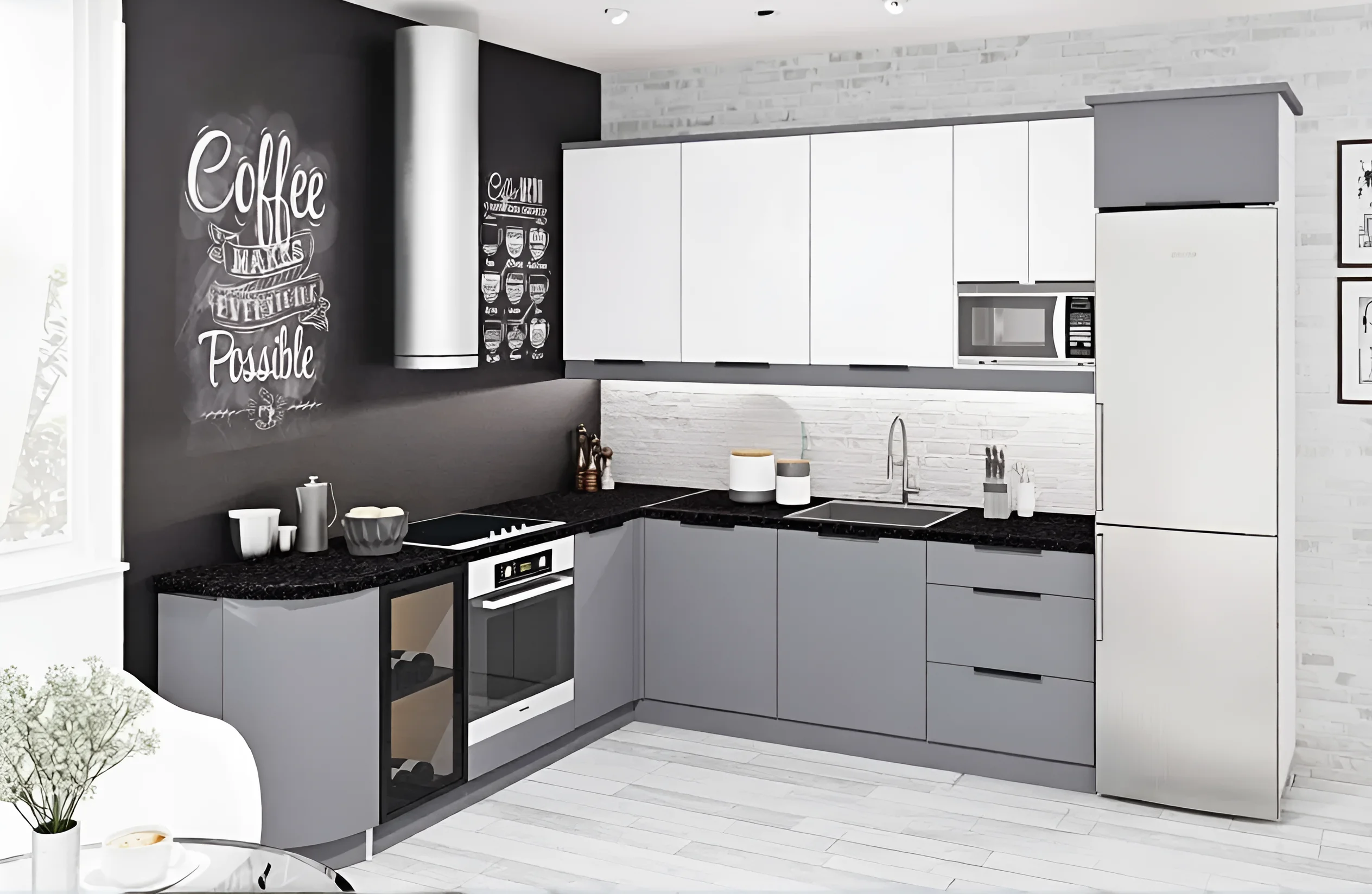 Угловая кухня "Лофт" 3х2.2м в белом и графитовом цвете из крашеного МДФ, современный дизайн, фото интерьера кухни.