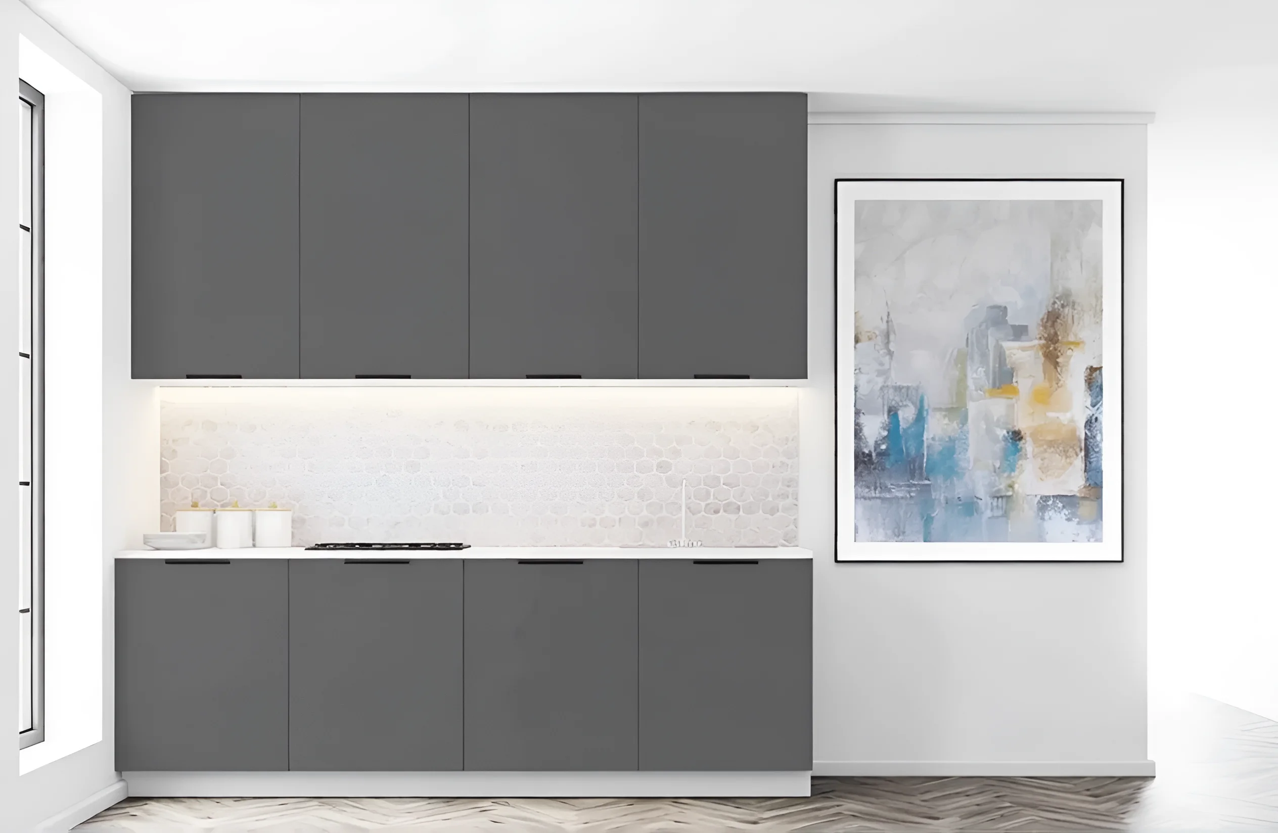 Угловая кухня "Лофт" 3х2.2м в белом и графитовом цвете из крашеного МДФ, современный дизайн, стильный интерьер кухни.