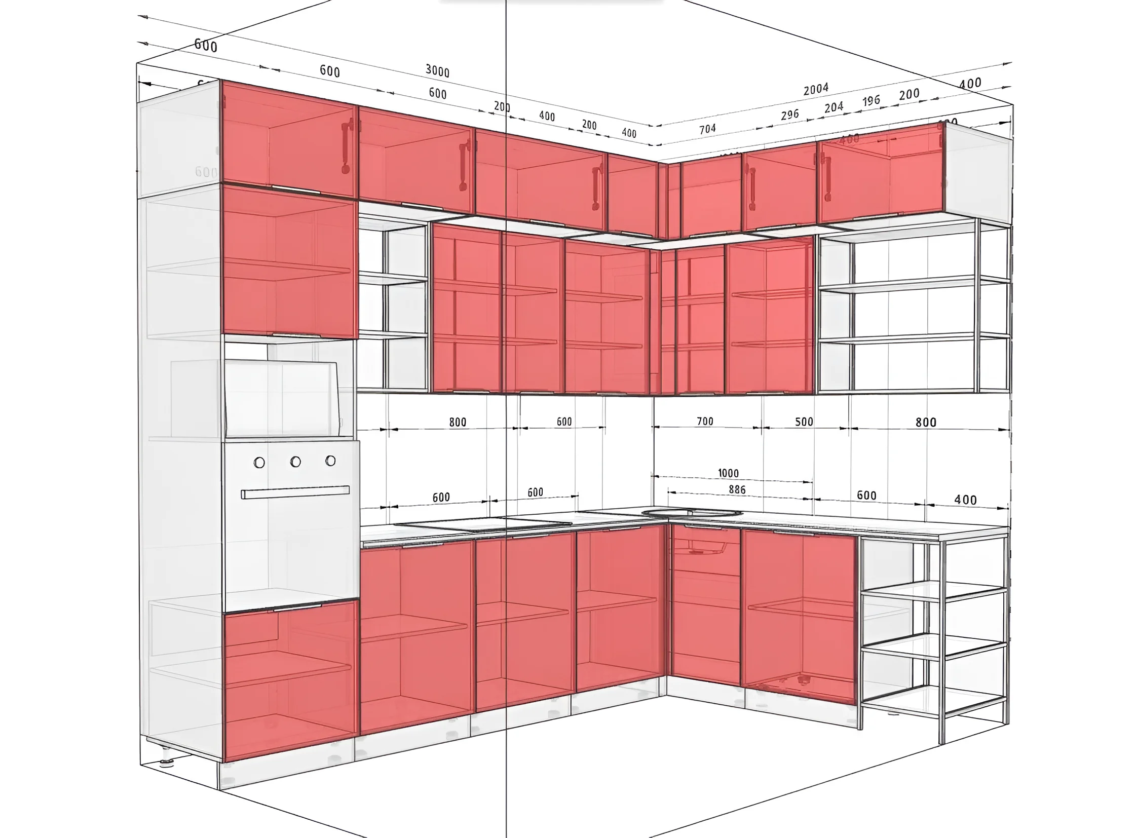 Угловая кухня "Лофт" 3х2.2м, крашеный МДФ белый и графит, чертеж с размерами, современный дизайн для интерьера кухни.