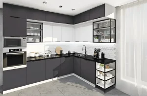 Кухня Лофт 2м в цвете Графит светлый с крашеным МДФ фасадом, угловая планировка, современный дизайн интерьера кухни.