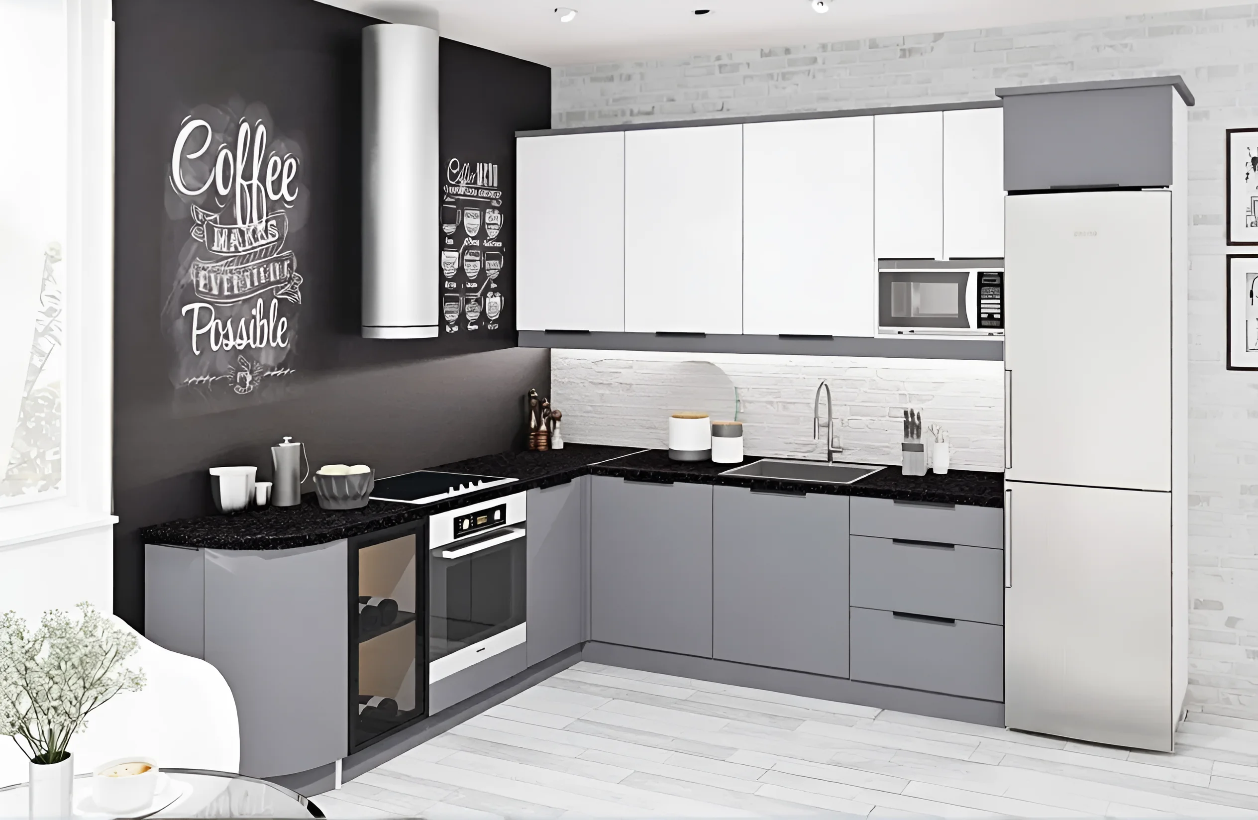 Современная угловая кухня "Лофт" 3,6 метра с островом, фасады МДФ крашеный в цветах Дуб золотой и Титан, стильный дизайн интерьера.