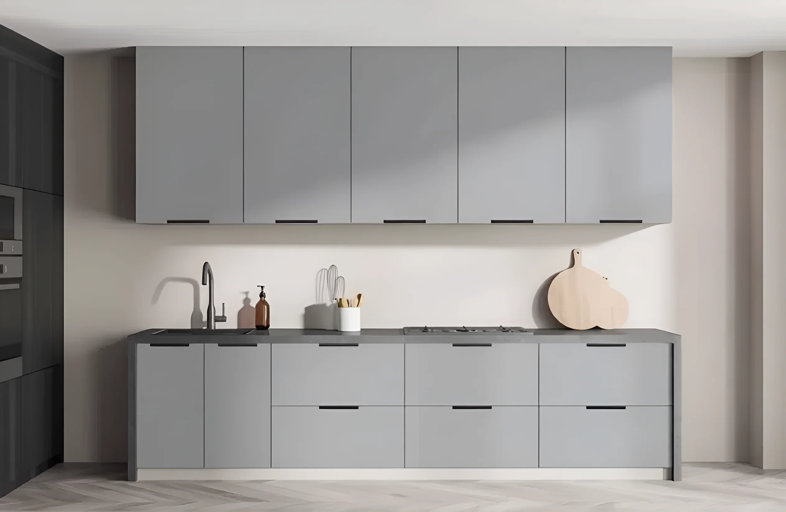 Современная кухня "Лофт" 3,6 метра с островом, фасады из крашеного МДФ в цвете дуб золотой и титан, стильный дизайн интерьера.