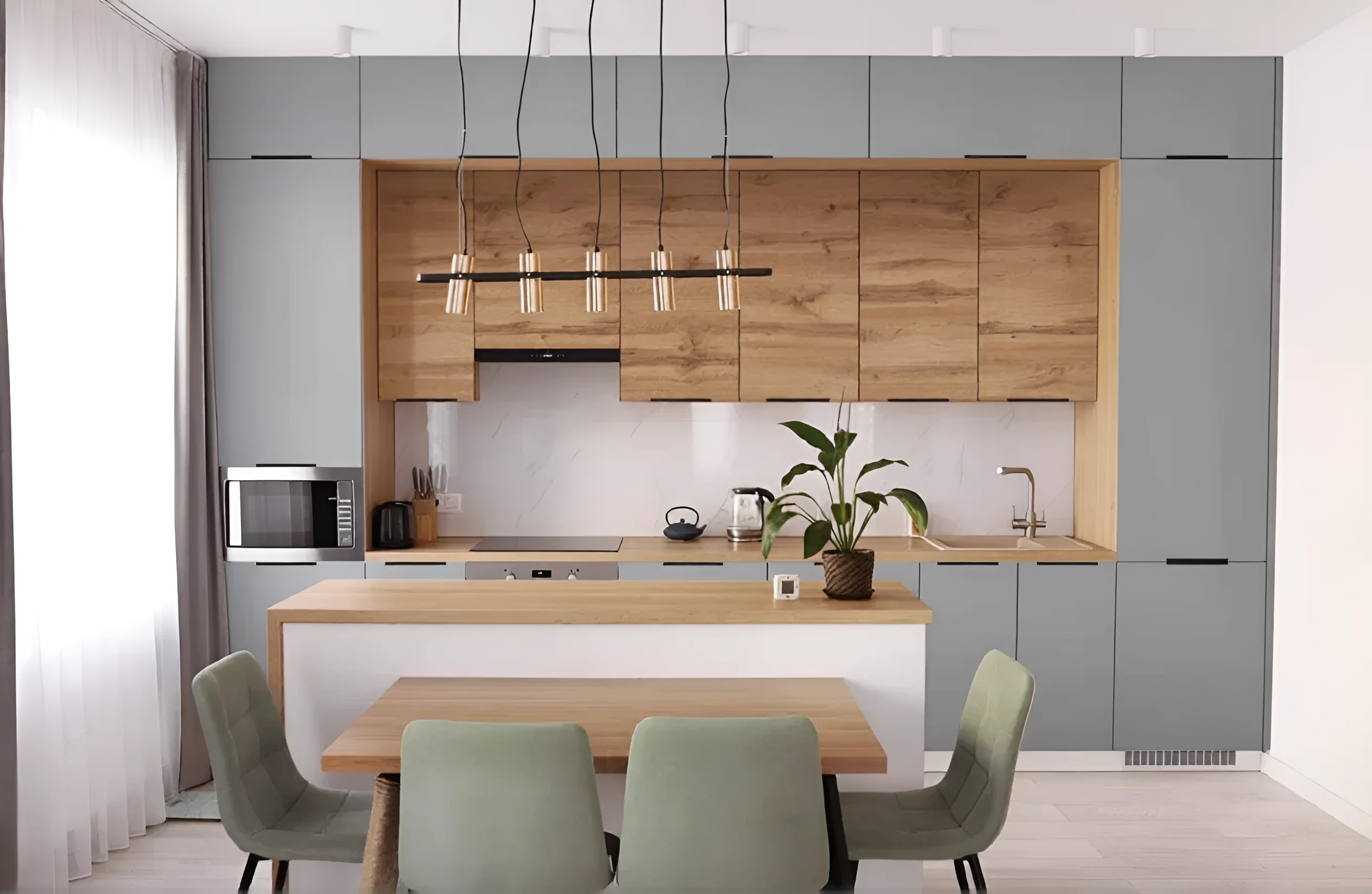 Современная кухня "Лофт" 3,6 метра с островом, фасады из крашеного МДФ в цвете дуб золотой и титан, стильный дизайн интерьера.