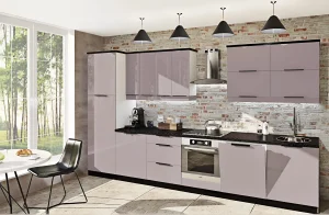 Кухня Лофт 3.6 метра в бежевом цвете Бархат из крашеного МДФ, современный дизайн, фото интерьера кухни в стиле лофт.