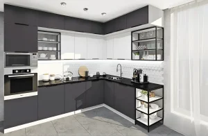 Кухня Лофт 2,4 метра в цвете Графит светлый с крашеным МДФ фасадом, угловой дизайн, современный интерьер кухни.