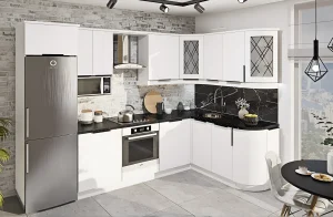 Белая кухня в стиле лофт с кухонным островом, крашеный МДФ, 4 метра, современный дизайн, фото интерьера кухни.