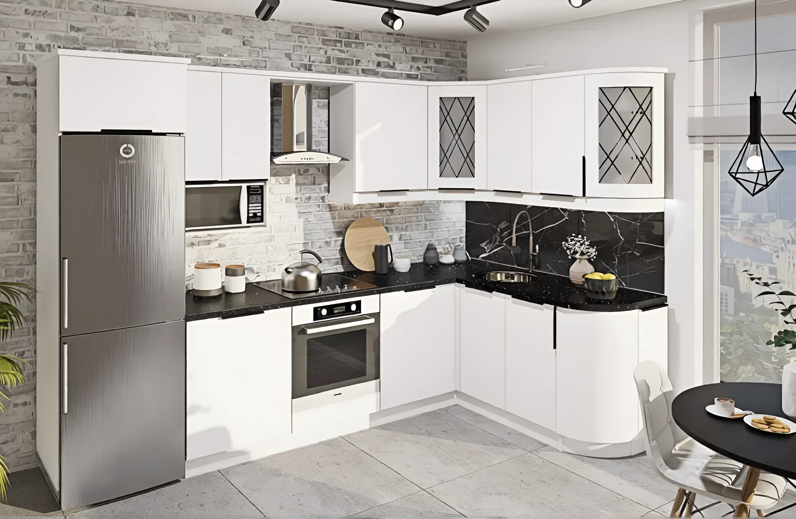 Белая кухня в стиле лофт с кухонным островом, крашеный МДФ, 4 метра, современный дизайн, фото интерьера кухни.