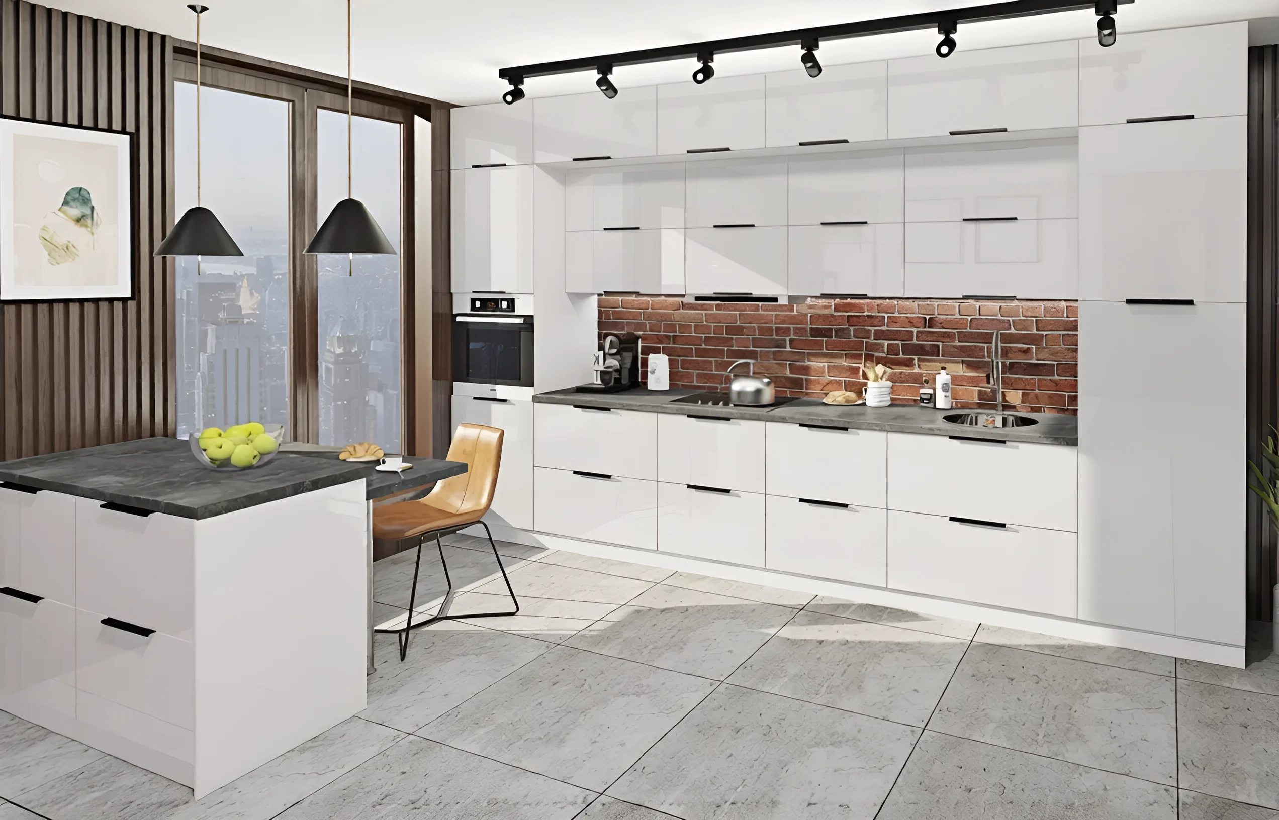 Белая кухня в стиле лофт 4 метра с островом из крашеного МДФ, современный дизайн, фото интерьера кухни.