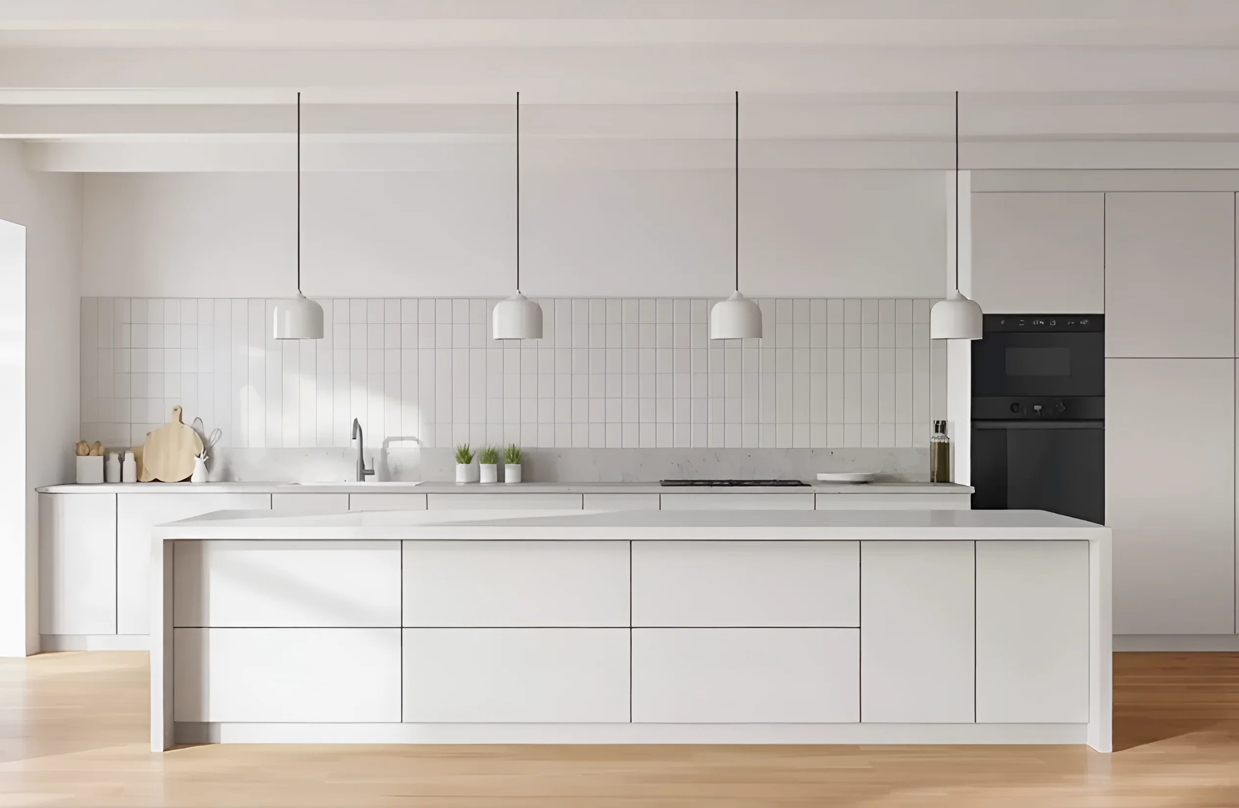 Белая кухня в стиле лофт с островом 4 метра, фасады из крашеного МДФ, современный дизайн, светлый интерьер.