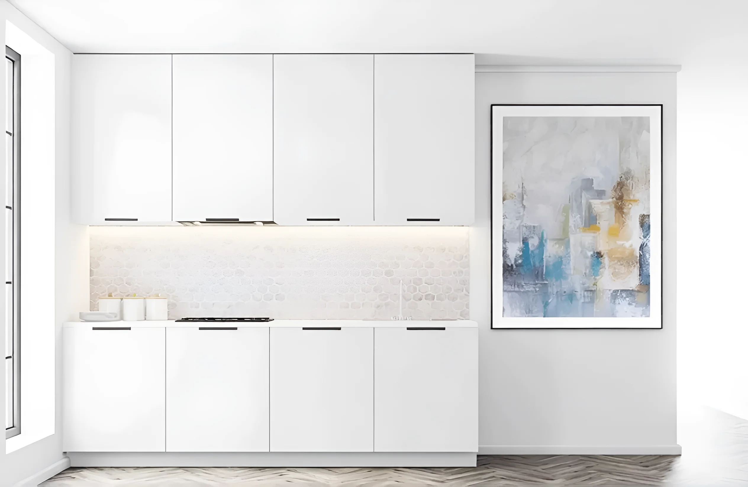 Белая кухня в стиле лофт с островом 4 метра, фасады из крашеного МДФ, современный дизайн интерьера кухни.