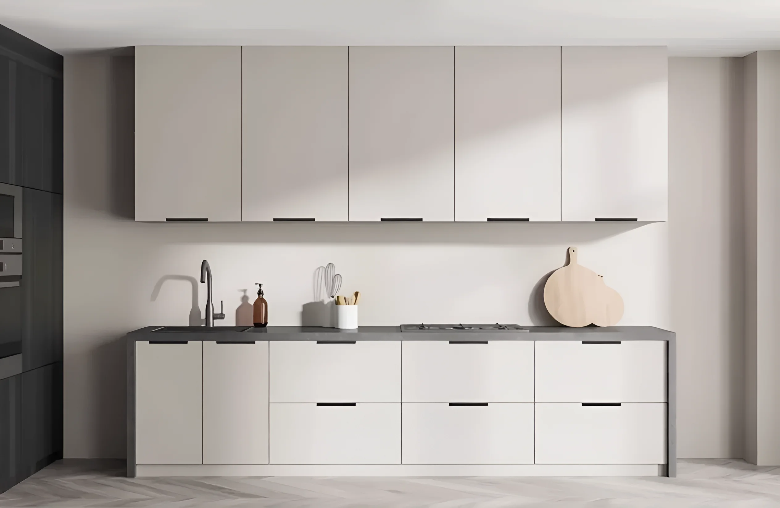 Белая кухня в стиле лофт с островом 4 метра, фасады МДФ крашеный, современный дизайн, функциональное пространство.