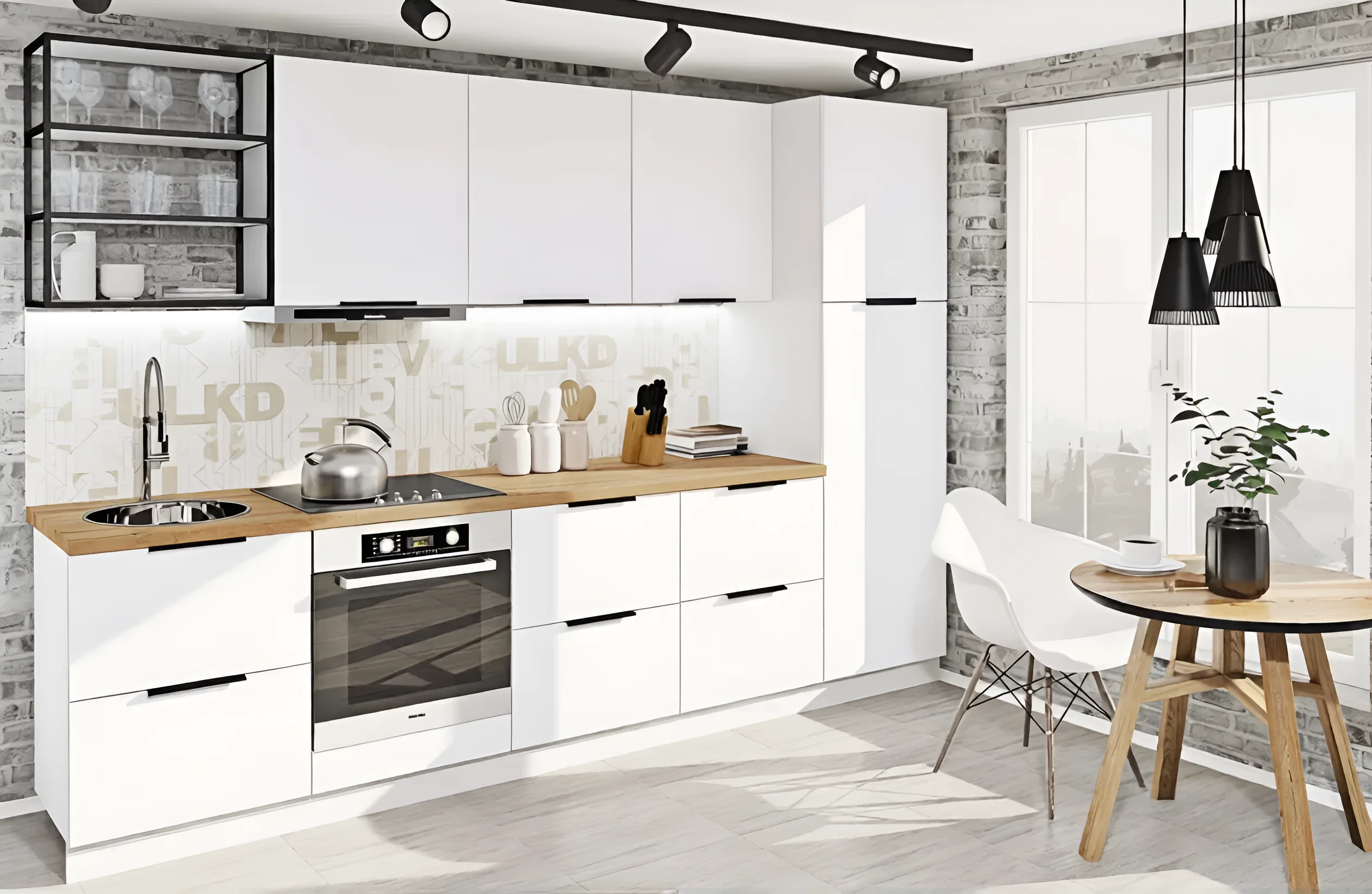 Белая кухня в стиле лофт с островом 4 метра, крашеный МДФ, современный дизайн, фото интерьера кухни от MebelTops.