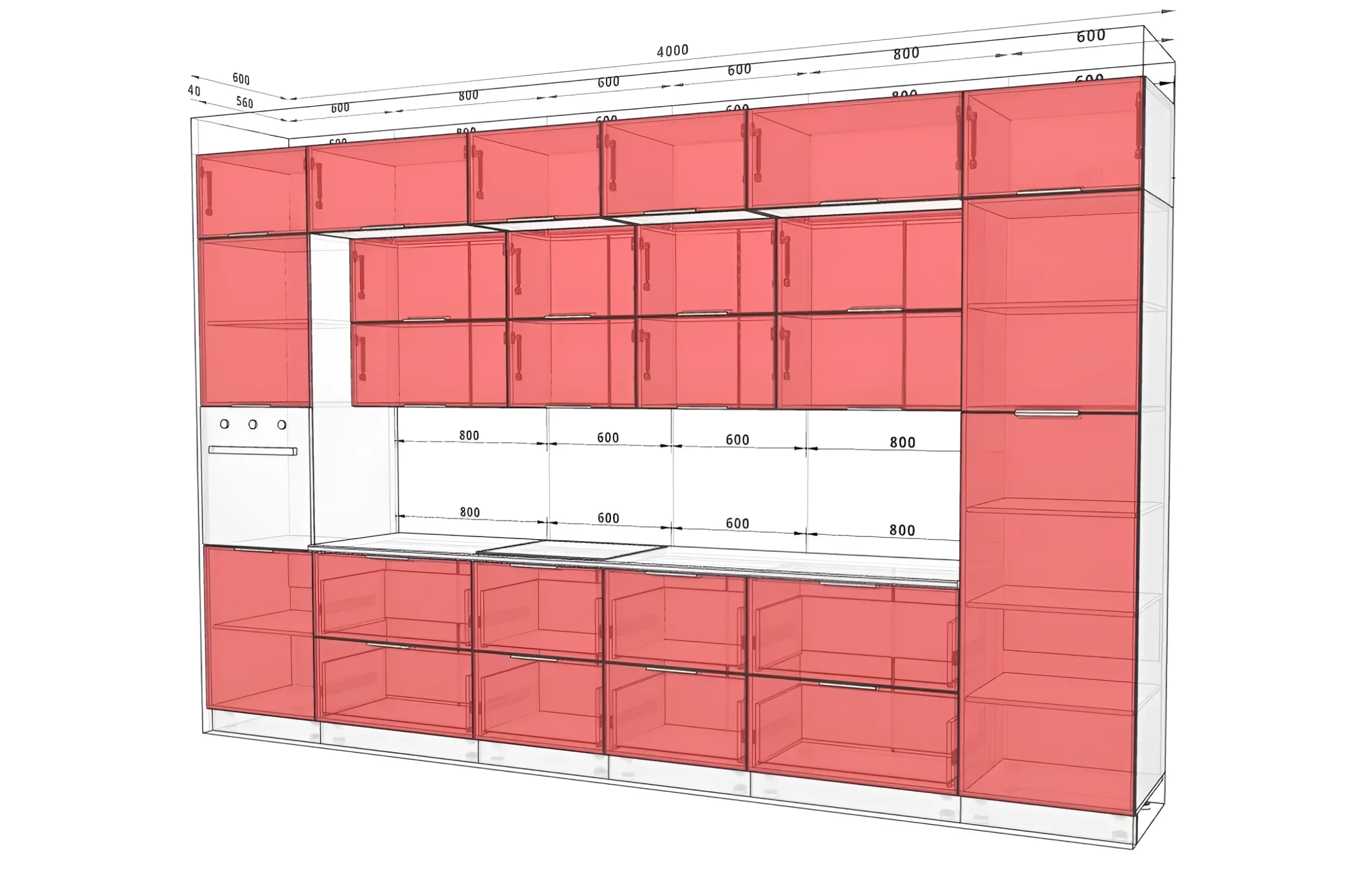Кухня Лофт 4 метра с островом, белый крашеный МДФ, современный дизайн, чертеж, размеры, модульная кухня, MebelTops.