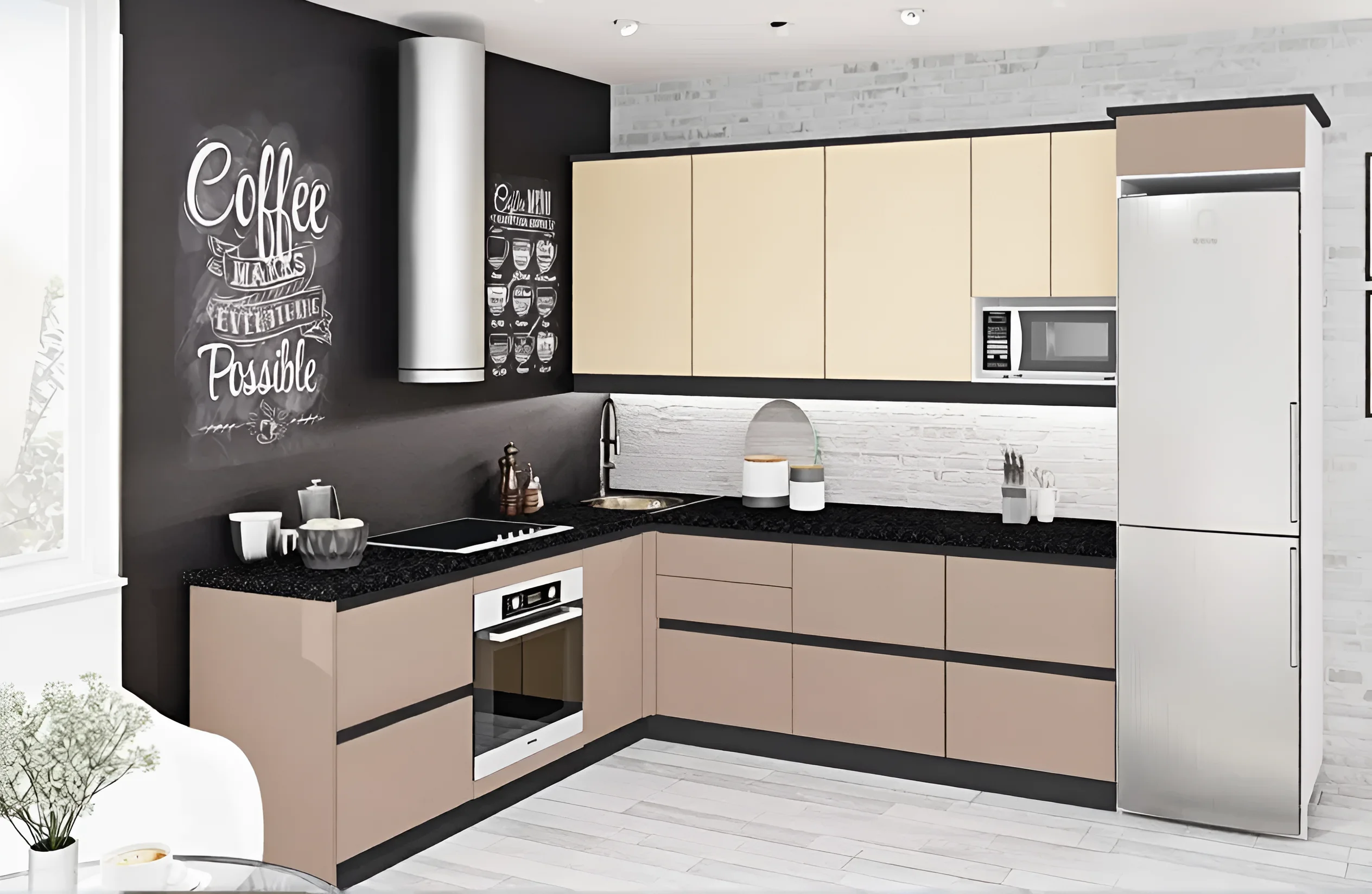 Современная угловая кухня 5,6 метра с матовыми фасадами "Лофт" крем цвета и интегрированными ручками Gola. Дизайн интерьера кухни.