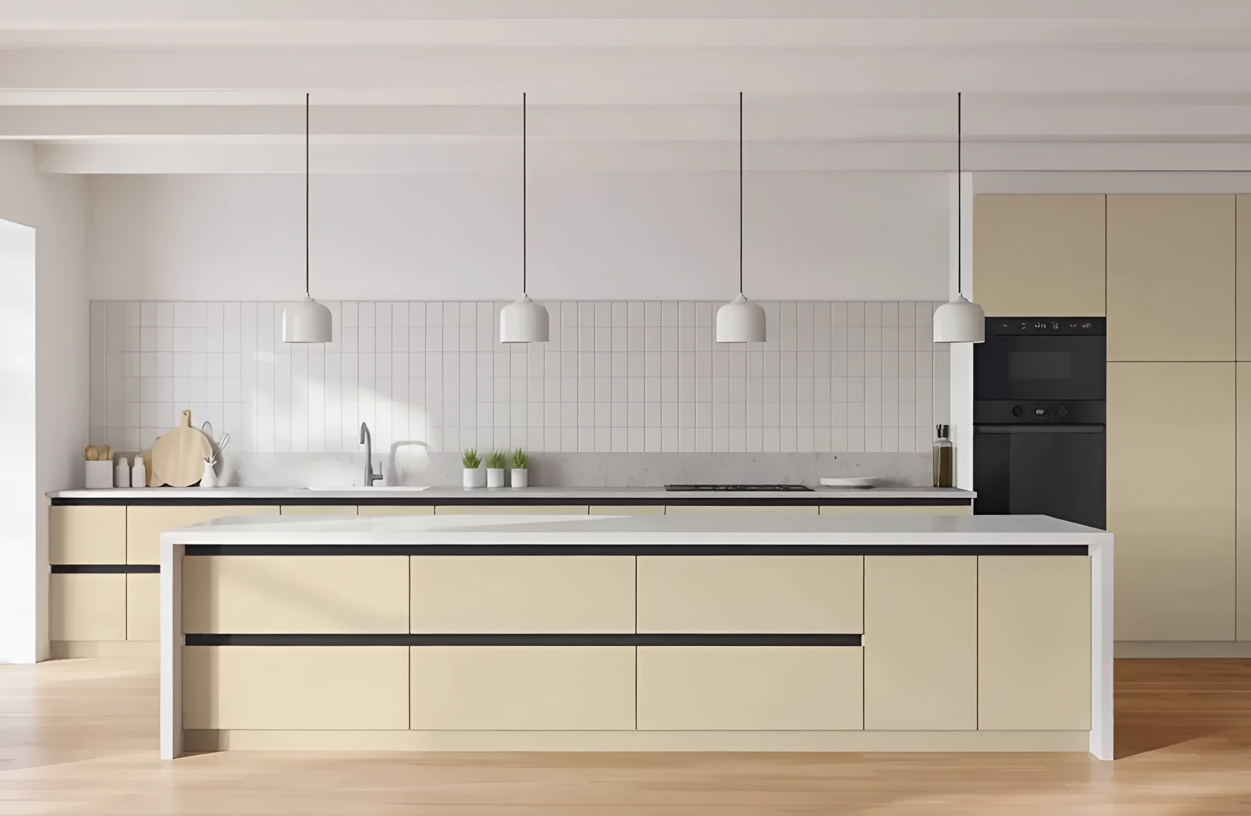 Современная матовая кухня "Gola ручка" 5,6 метра в цвете "Крем" с фасадами "Лофт" - стильный дизайн и функциональность.