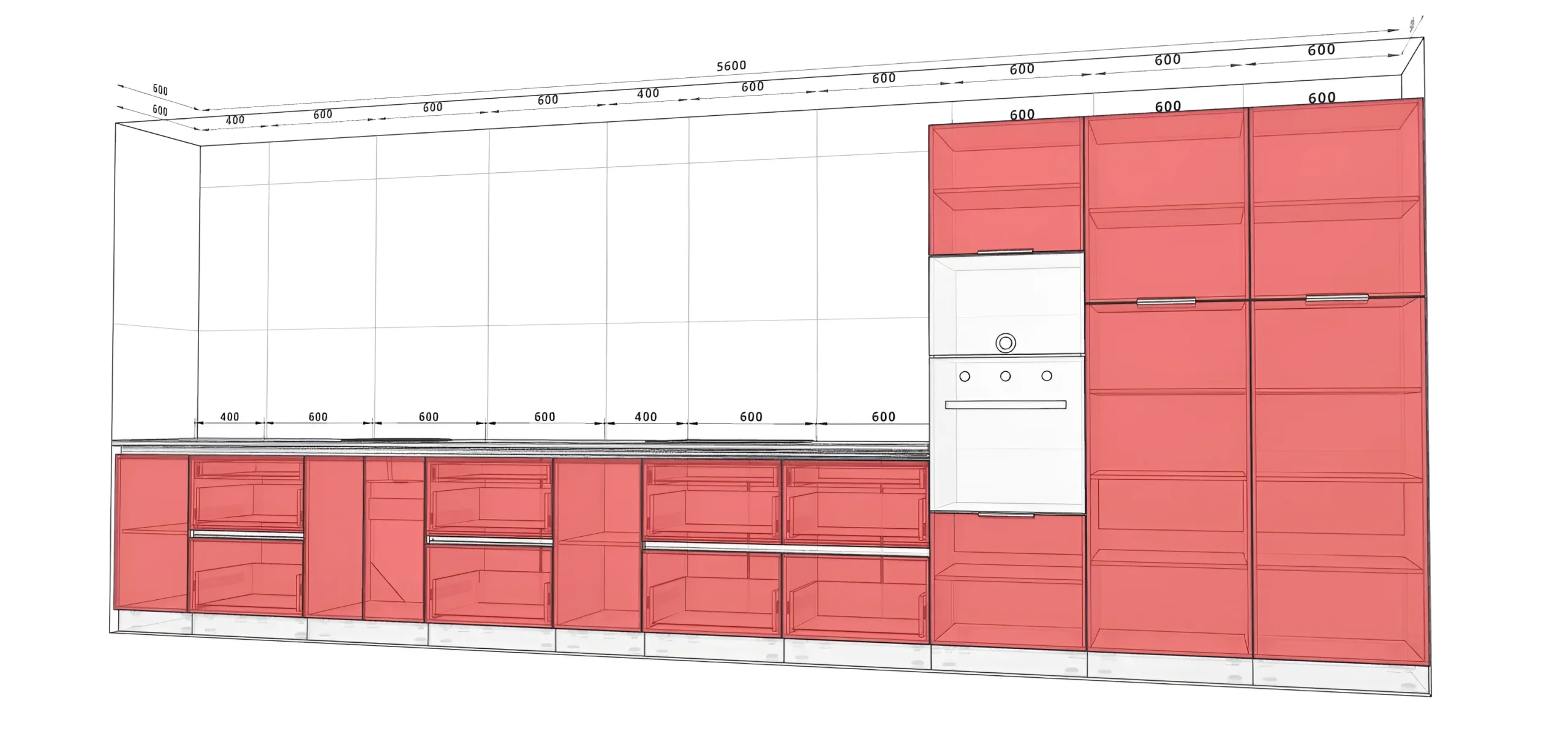 Кухня матовая "Gola ручка" 5,6 метра, фасады "Лофт" Крем: современный дизайн, чертеж с размерами, стильное решение для интерьера кухни.