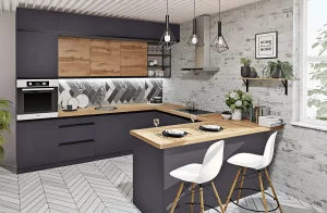 Современная угловая кухня "Sigma ручка" 2400 мм в белом и графитовом цвете с матовой отделкой, стильный дизайн интерьера.