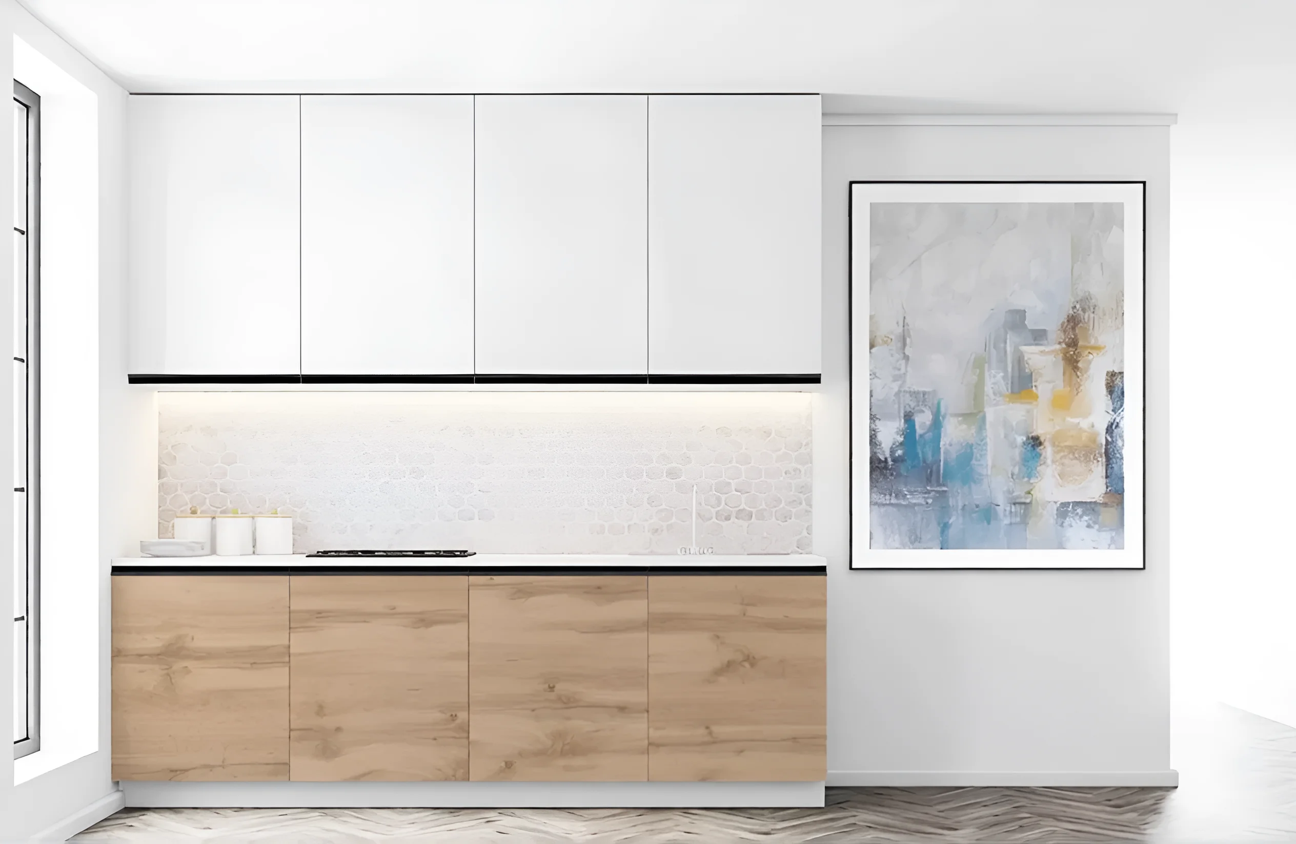 Современная белая матовая кухня с фасадами "Sigma ручка", длиной 4,2 метра, с элементами "Дуб золотой", стильный дизайн интерьера.