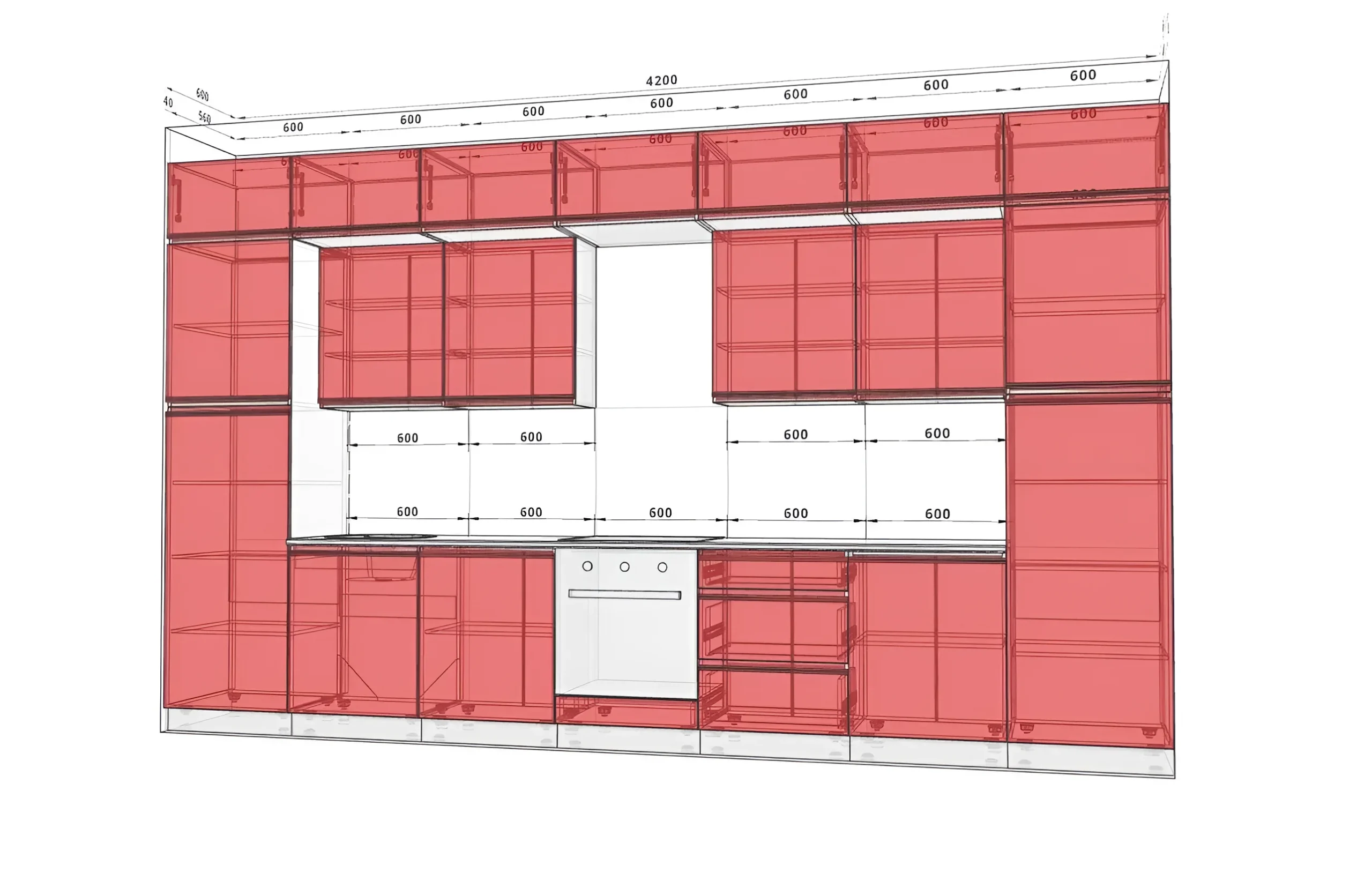 Кухня матовая "Sigma ручка" 4,2 метра, цвет белый с элементами дуба золотой, современный дизайн, схема расположения модулей.