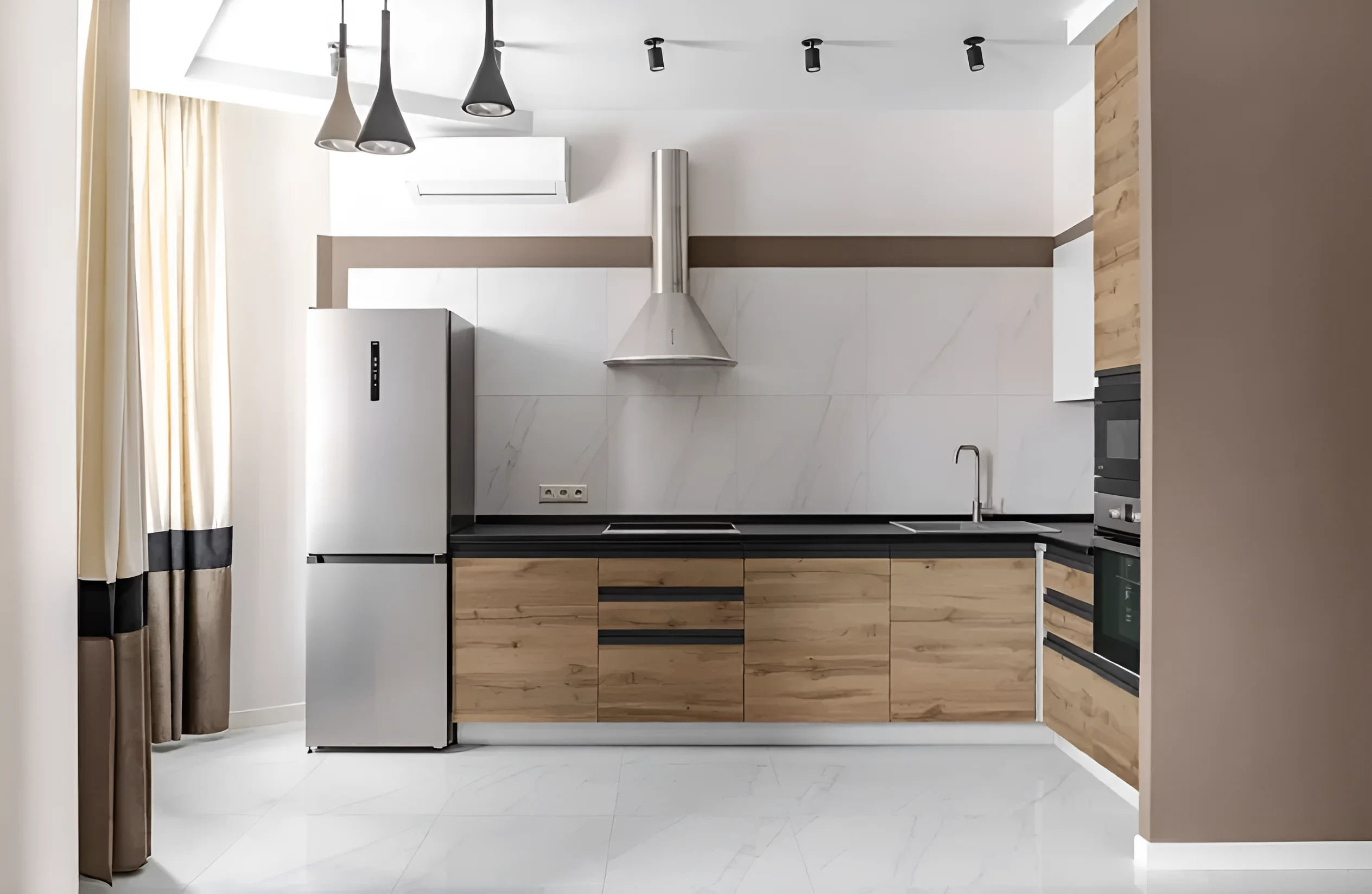 Современная белая матовая кухня "Тренд" 2,4 метра с фасадами из дуба аппалачи и золотой фурнитурой, интерьер кухни в светлых тонах.