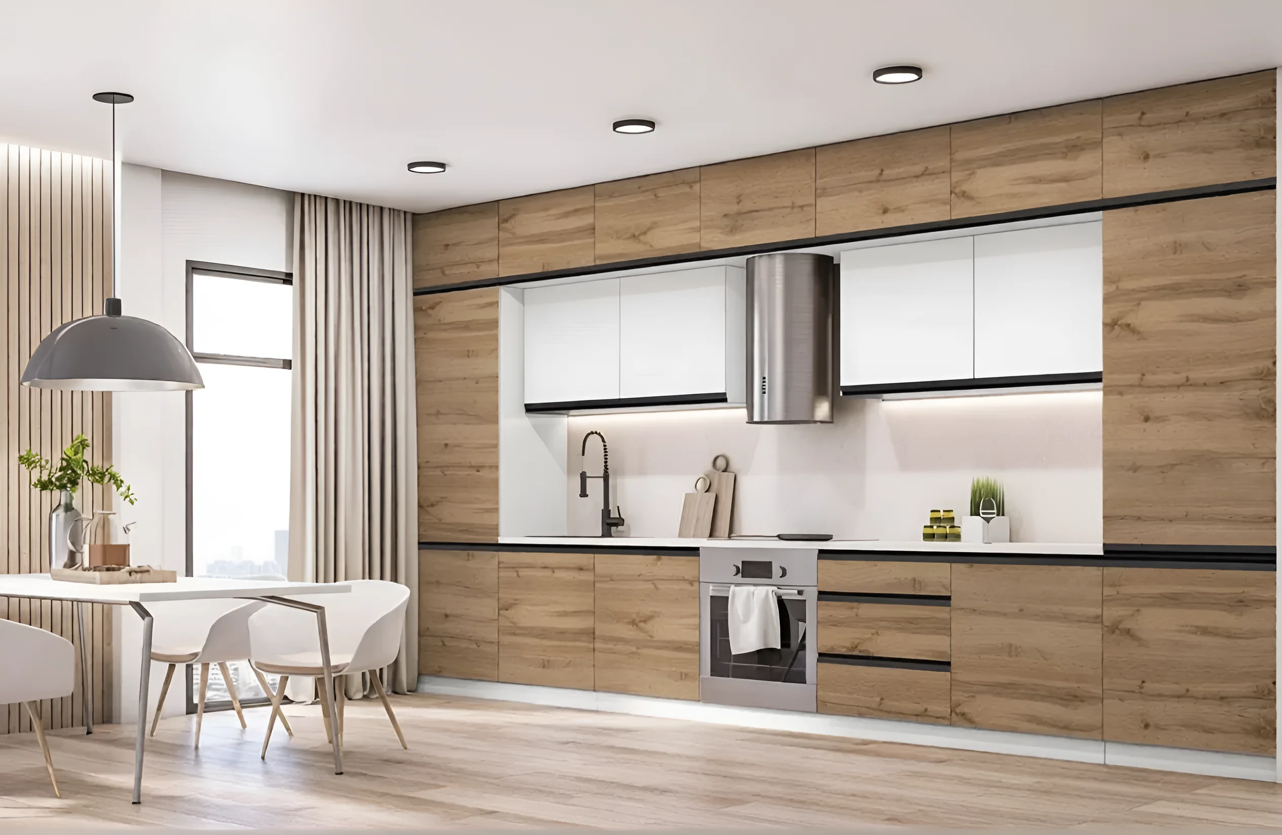 Современная белая матовая кухня "Тренд" 2,4 метра с фасадами из дуба аппалачи и золотой фурнитурой в интерьере столовой.