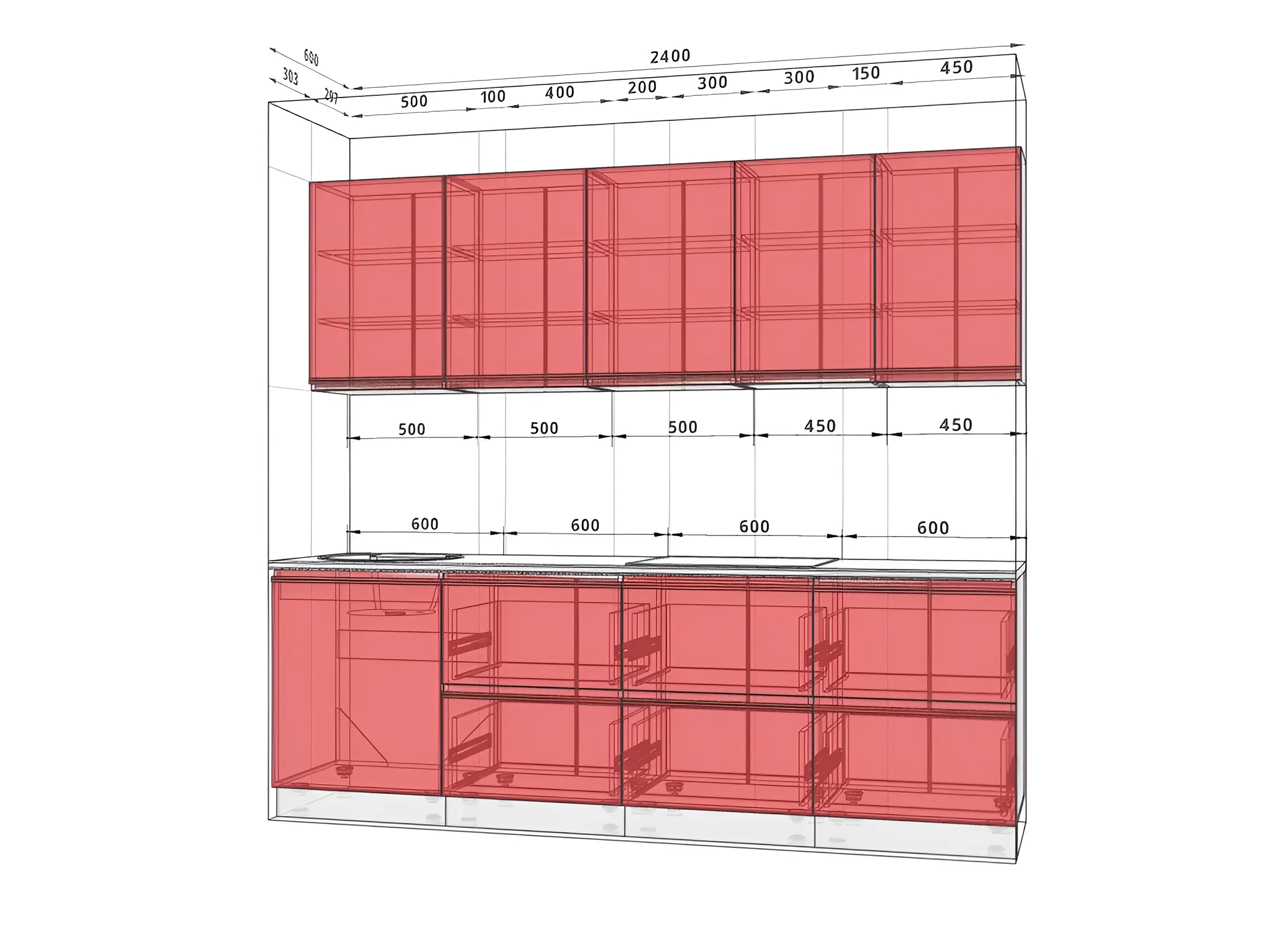 Кухня матовая "Тренд" 2,4 метра в белом цвете с элементами "Дуб аппалачи (золотой)", современный дизайн, схема расположения модулей.