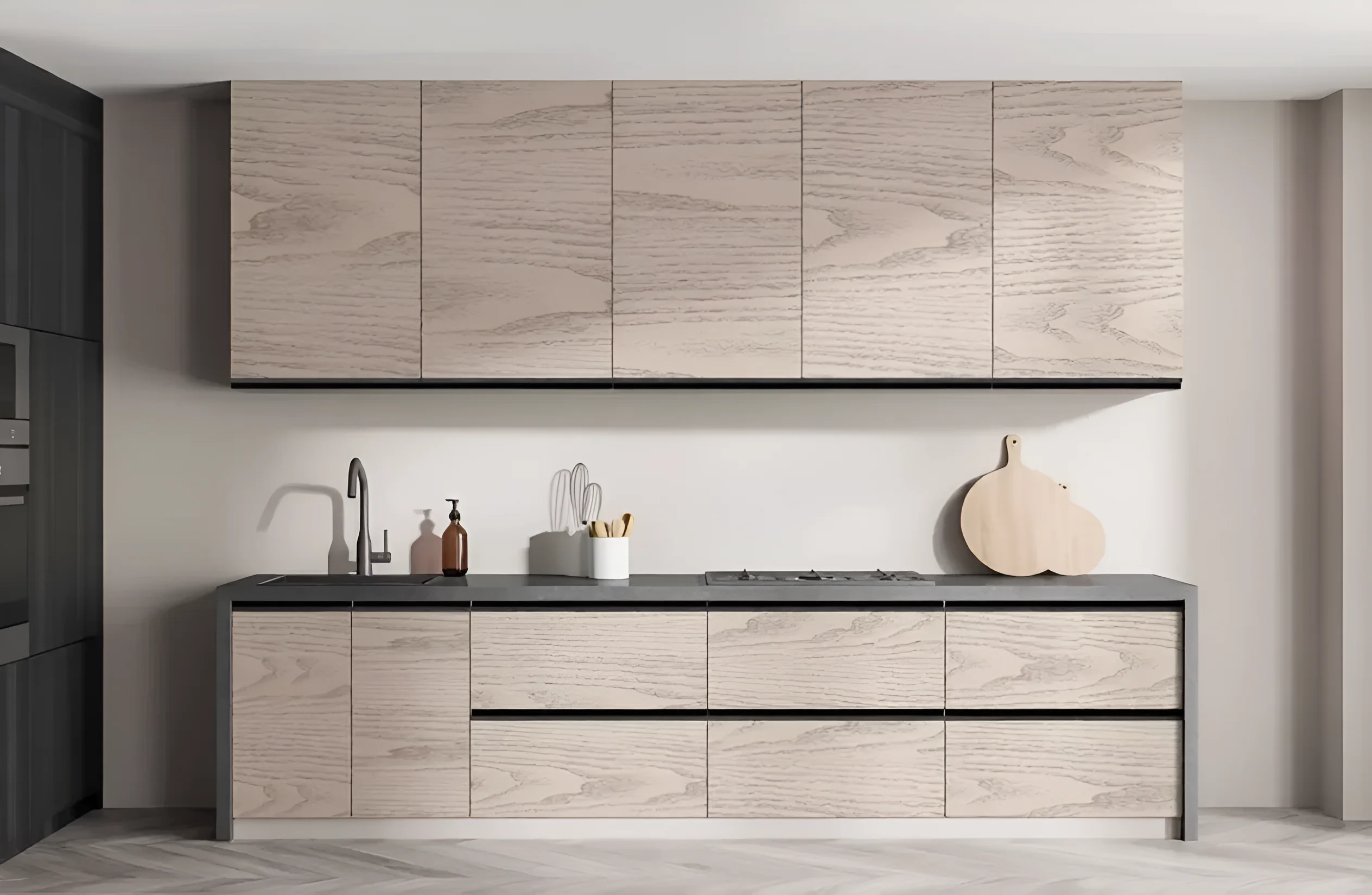 Кухня матовая "Тренд" 2 метра в цвете дуб сонома трюфель, современный дизайн, угловая кухня, фото интерьера кухни.