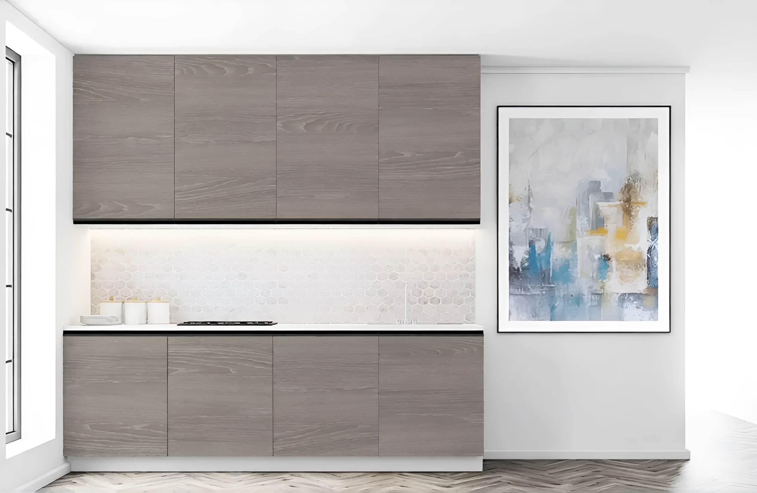 Кухня матовая "Тренд" 2 метра в цвете дуб сонома трюфель, современный дизайн, прямые фасады, стильный интерьер кухни.