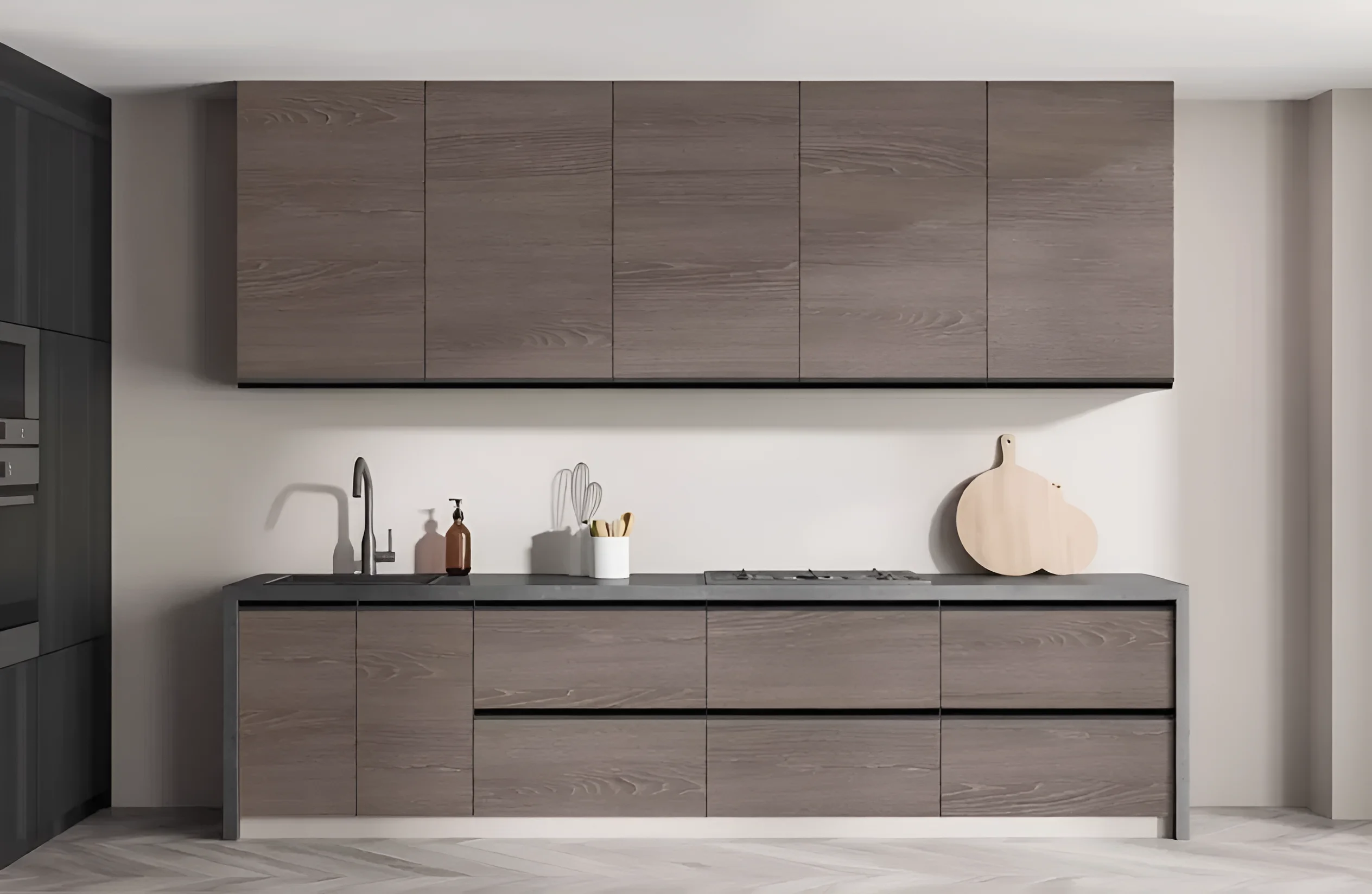 Современная матовая кухня "Тренд" 2 метра в цвете дуб сонома трюфель, стильный дизайн, прямые фасады, функциональность и практичность.