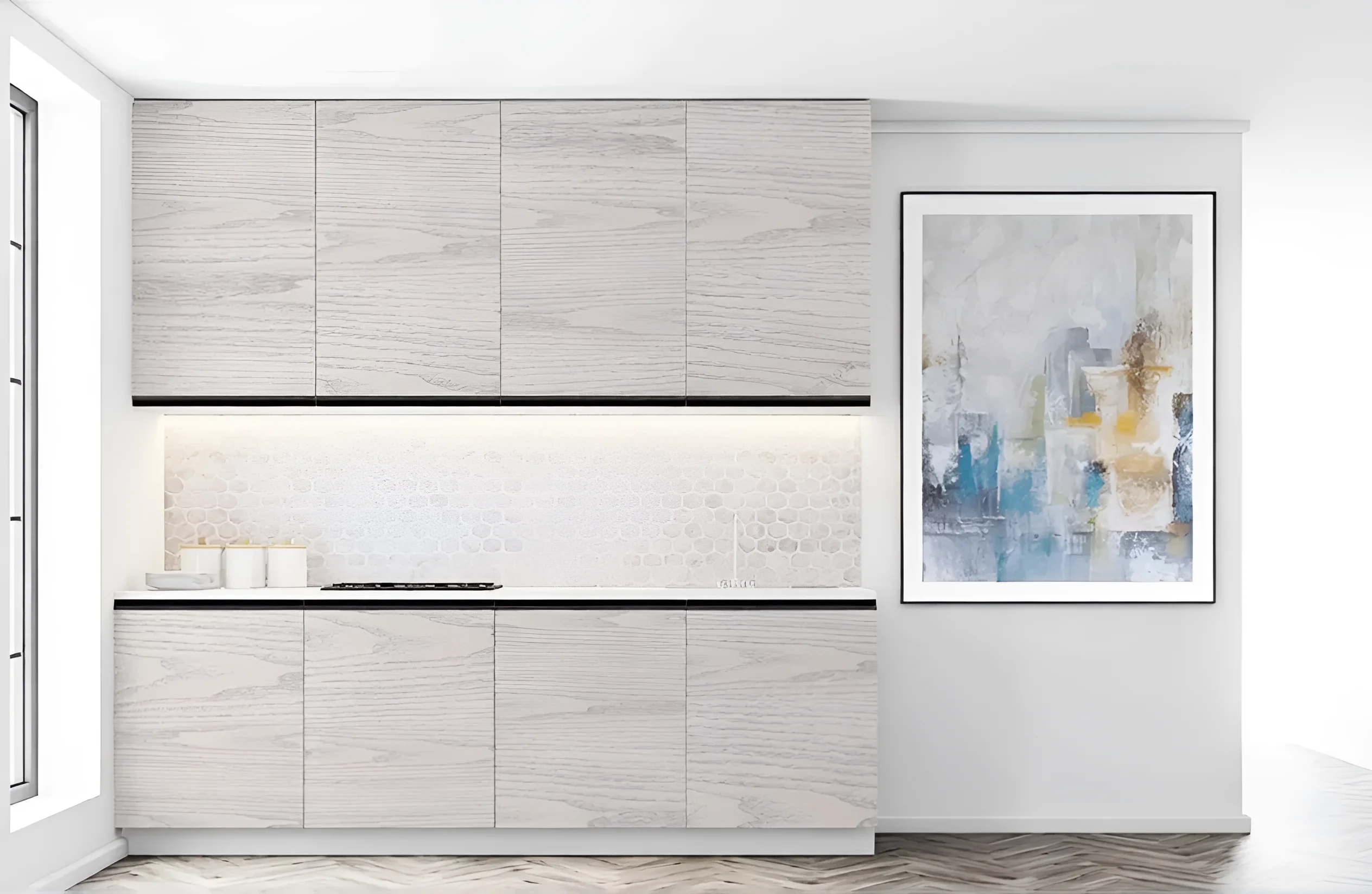 Кухня матовая "Тренд" 2 метра в цвете дуб сонома трюфель, современный дизайн, угловая кухня, фото интерьера кухни.